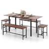 Front. Costway - 5 PCS Dining Table Set for 4-6 w/ 2 Benches & 2 Stools Metal Frame Dining Room - Walnut.