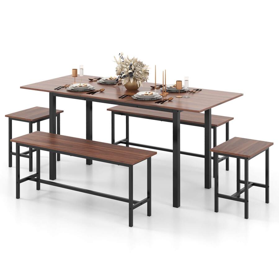 Costway 5 PCS Dining Table Set for 4 6 w/ 2 Benches & 2 Stools Metal ...