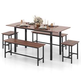 Costway - 5 PCS Dining Table Set for 4-6 w/ 2 Benches & 2 Stools Metal Frame Dining Room - Walnut