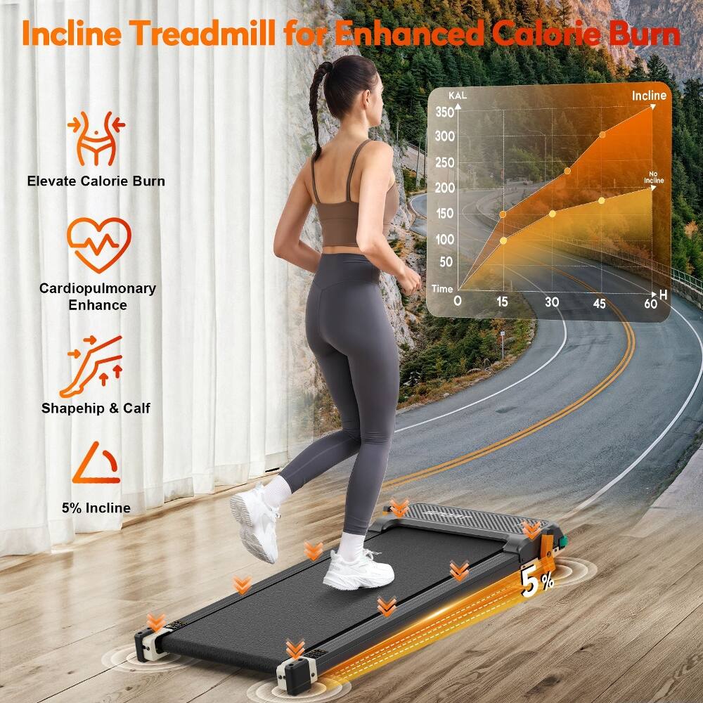 Incline Treadmill for Enhanced Calorie Burn

- Elevate Calorie Burn
- Cardiopulmonary Enhance
- Shapehip & Calf
- 5% Incline

KAL
350
300
250
200
150
100
50

Incline
No Incline

Time
0
15
30
45
60