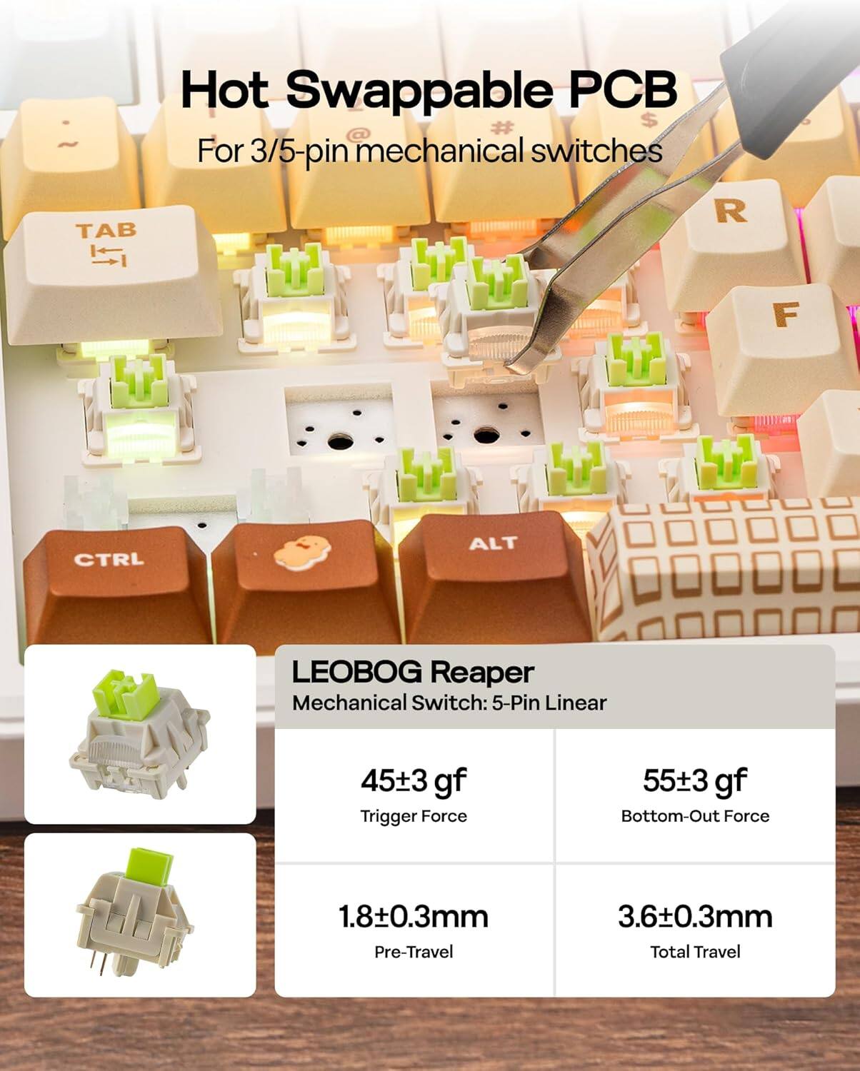 Hot Swappable PCB  
For 3/5-pin mechanical switches  

LEOBG Reaper Mechanical Switch: 5-Pin Linear  
45±3 gf Trigger Force  
55±3 gf Bottom-Out Force  
1.8±0.3mm Pre-Travel  
3.6±0.3mm Total Travel