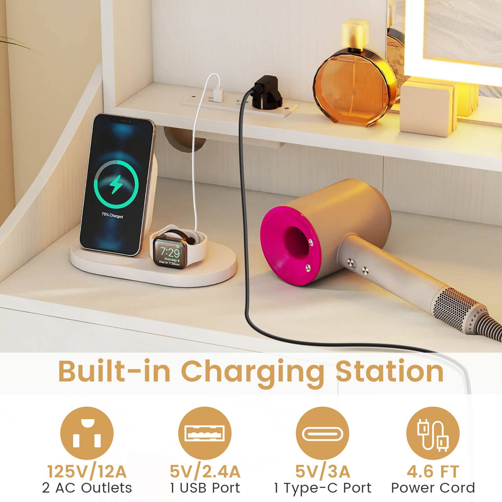 75% Charged  
7:29 AM  
Built-in Charging Station  
125V/12A  
2 AC Outlets  
5V/2.4A  
1 USB Port  
5V/3A  
1 Type-C Port  
4.6 FT Power Cord
