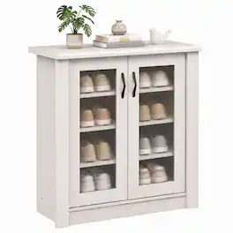 Costway - 2-Door Shoe Cabinet with Removable Shelves, Fluted Transparent Doors, Cable Holes - 2-Door White