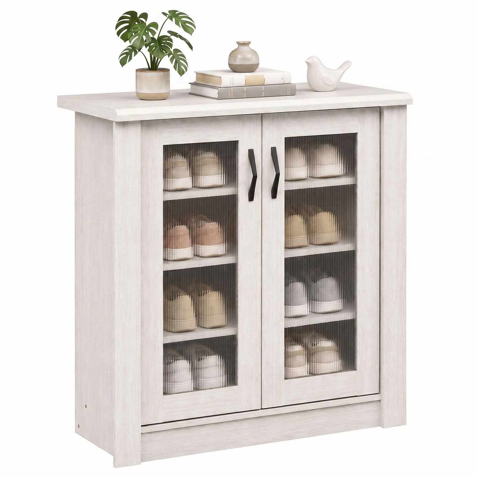 Front. Costway - Costway 2-Door Shoe Cabinet with Removable Shelves, Fluted Transparent Doors, Cable Holes - 2-Door White.