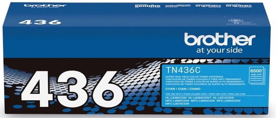 brother .. ou sice onuto uthowdiing ormalos origais 436  brother at your side TN436C 6500 page yield SUPER HIGH YIELD COLOR TONER CARTRIDGE CARTOUCHE DE TONER COULEUR A TRS HAUT RENDEMENT CARTUCHO DE TONER A COLOR DE SUPER ALTO RENDIMIENTO CARTUCHO DE TONER COLORIDO DE SUPER ALTO RENDIMENTO 436 CYAN / CIAN / CIANO FOR USE WITH / POUR UTILISER AVEC  PARA USO CON  PARA USO COM HL-L8360CDW HL-L8360CDWT HL-L9310CDW MFC-L8895CDW MFC-LB900CDW MFC-L8905CDW MFC-L9570CDW