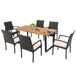 Gymax - 7PCS Rattan Dining Set Acacia Wood Table 6 Wicker Chairs w/ Umbrella Hole Patio - Brown, White, Natural, Black