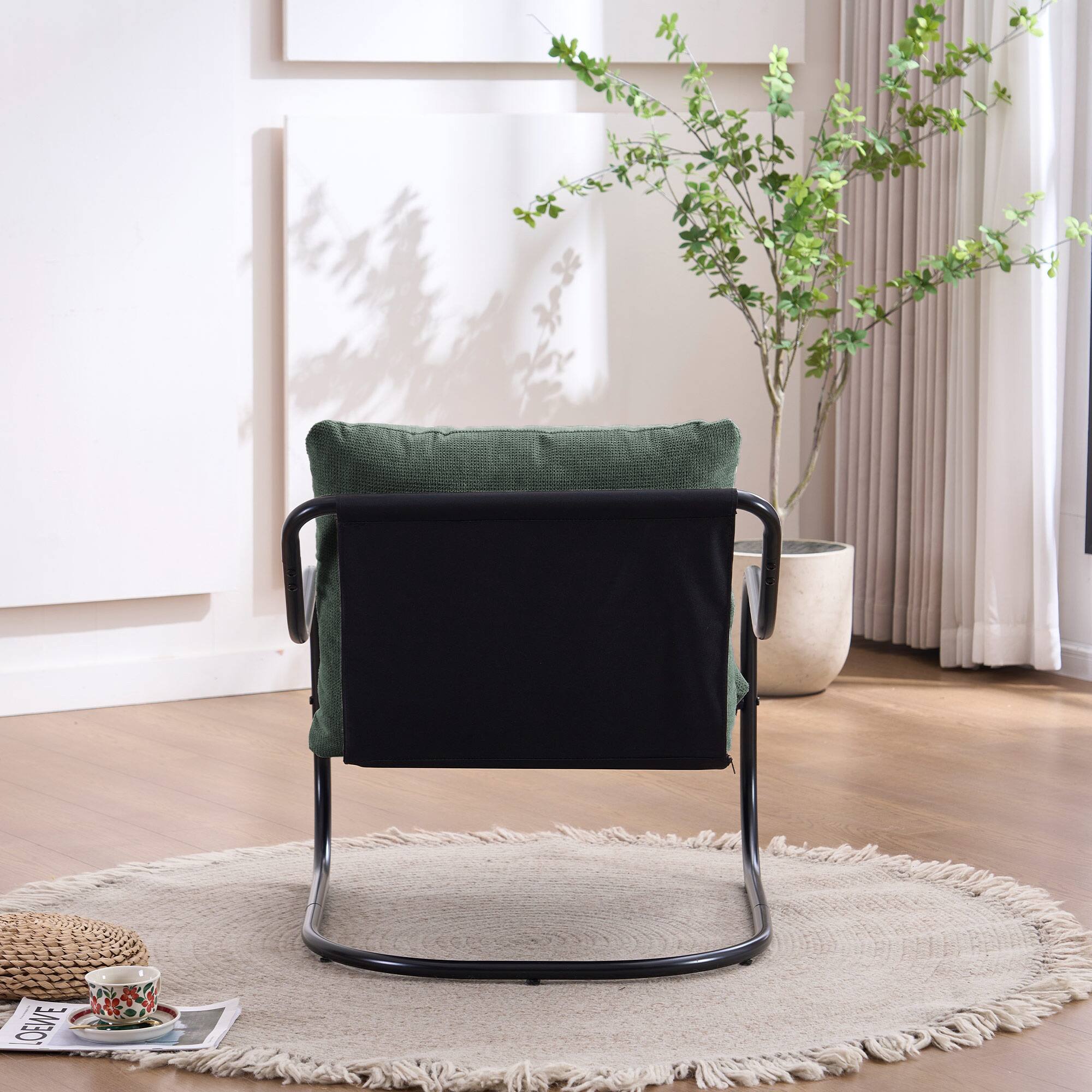 Back. FERPIT - FERPIT Modern Curved Accent Chair with Faux Linen Upholstery, Comfy Lounge Chair with Metal Frame & Cushions, Green - Green.
