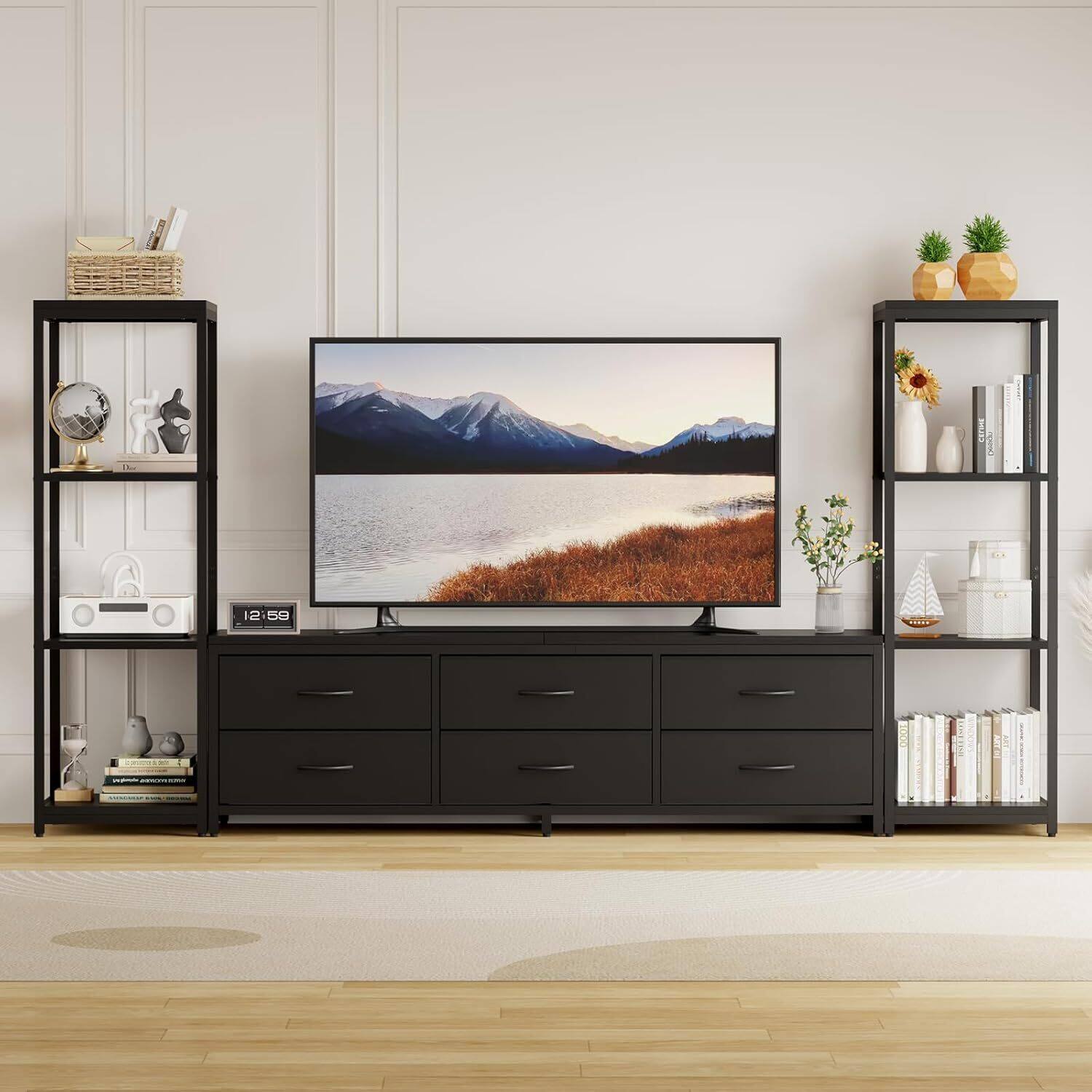 Front. GARVEE - Entertainment Center TV Stand with 6 Drawers and Bookshelves for Living Room, Black - Black.