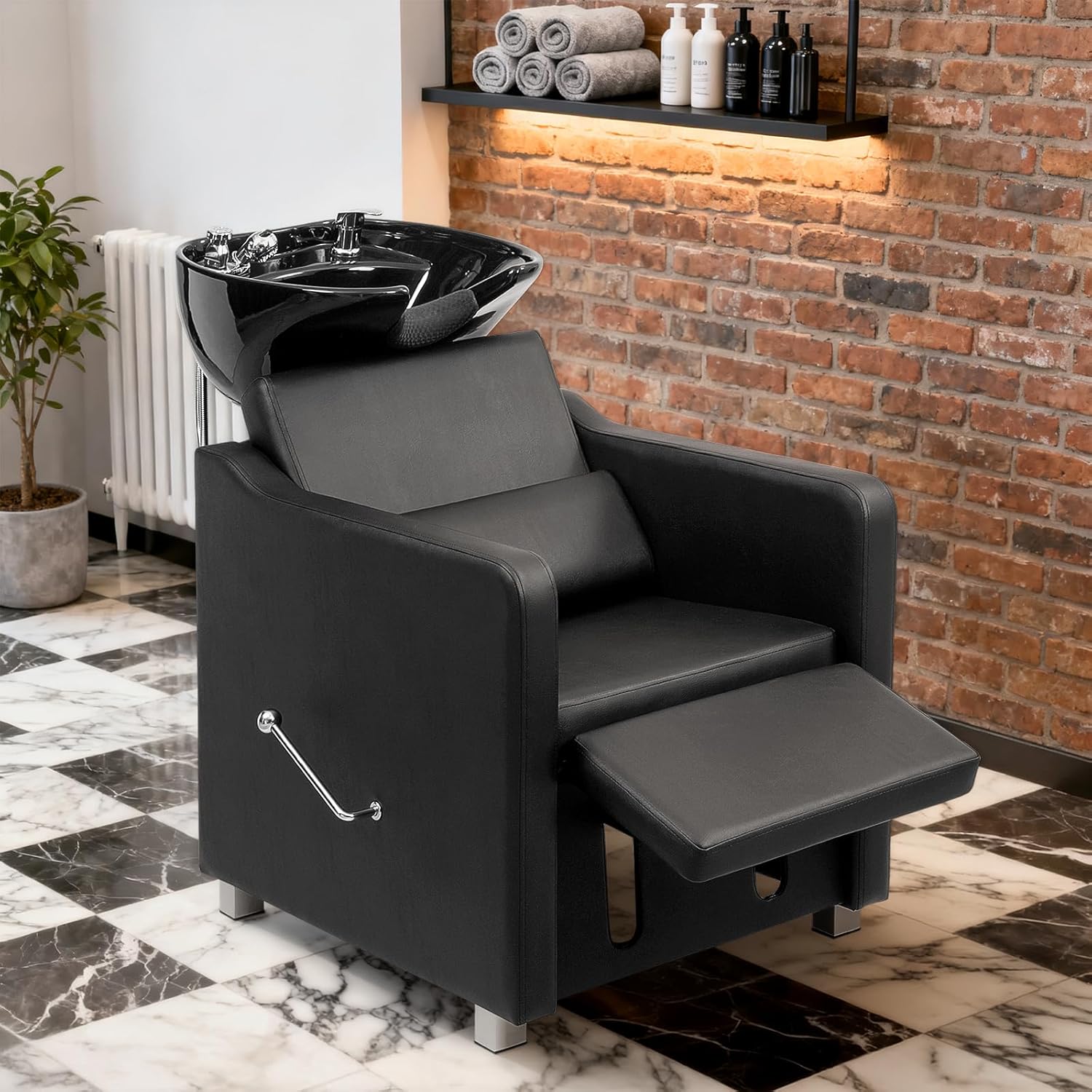 Angle. Winado - Ceramic Hair Wash Bowl Sink with Shampoo Chair, Manual Adjustable Leg Rest & Tilting Shampoo Bowl - Black.