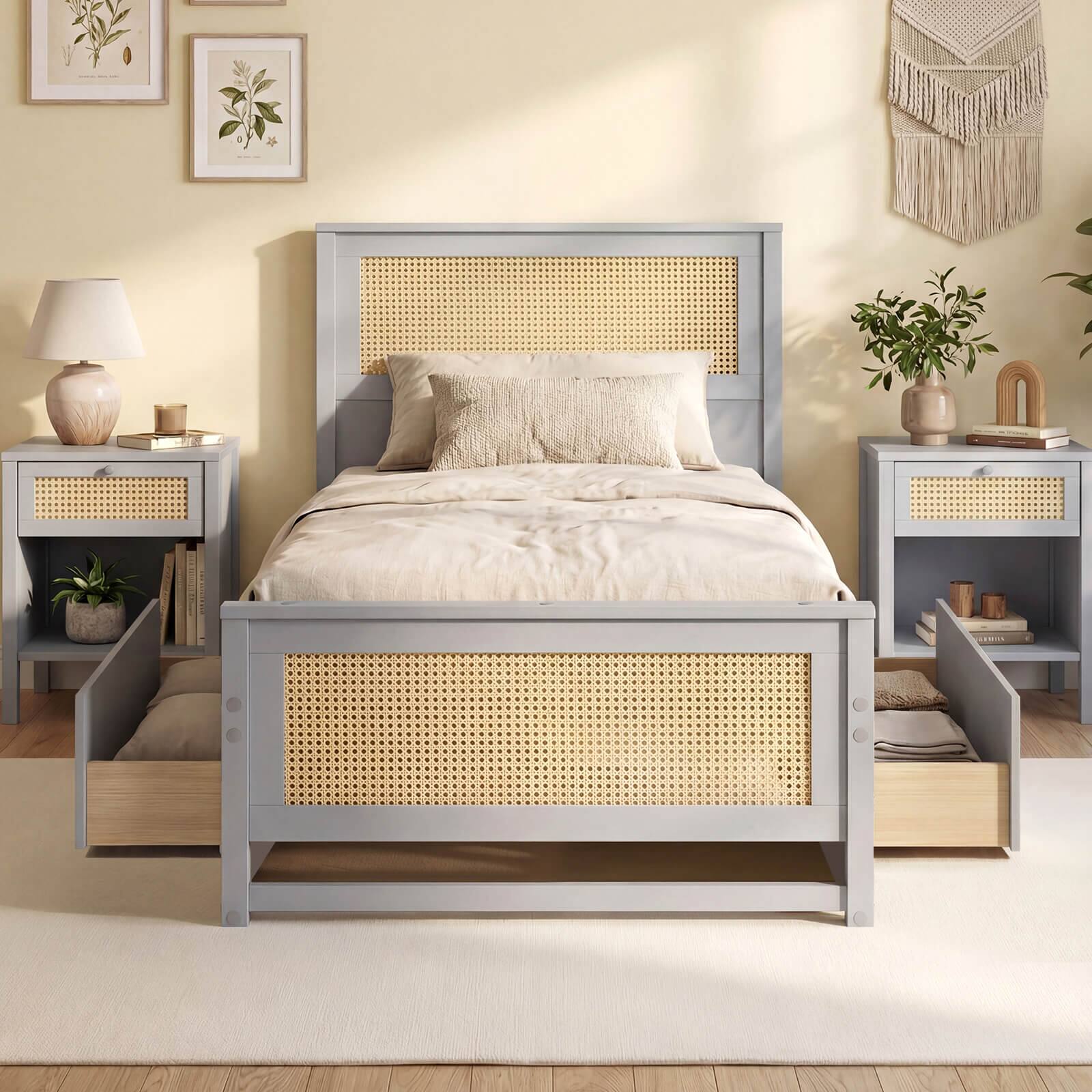 Alt View 3. Costway - Costway Twin Size Rattan Bed Frame with Headboard, 2 Storage Drawers & Space - Gray.