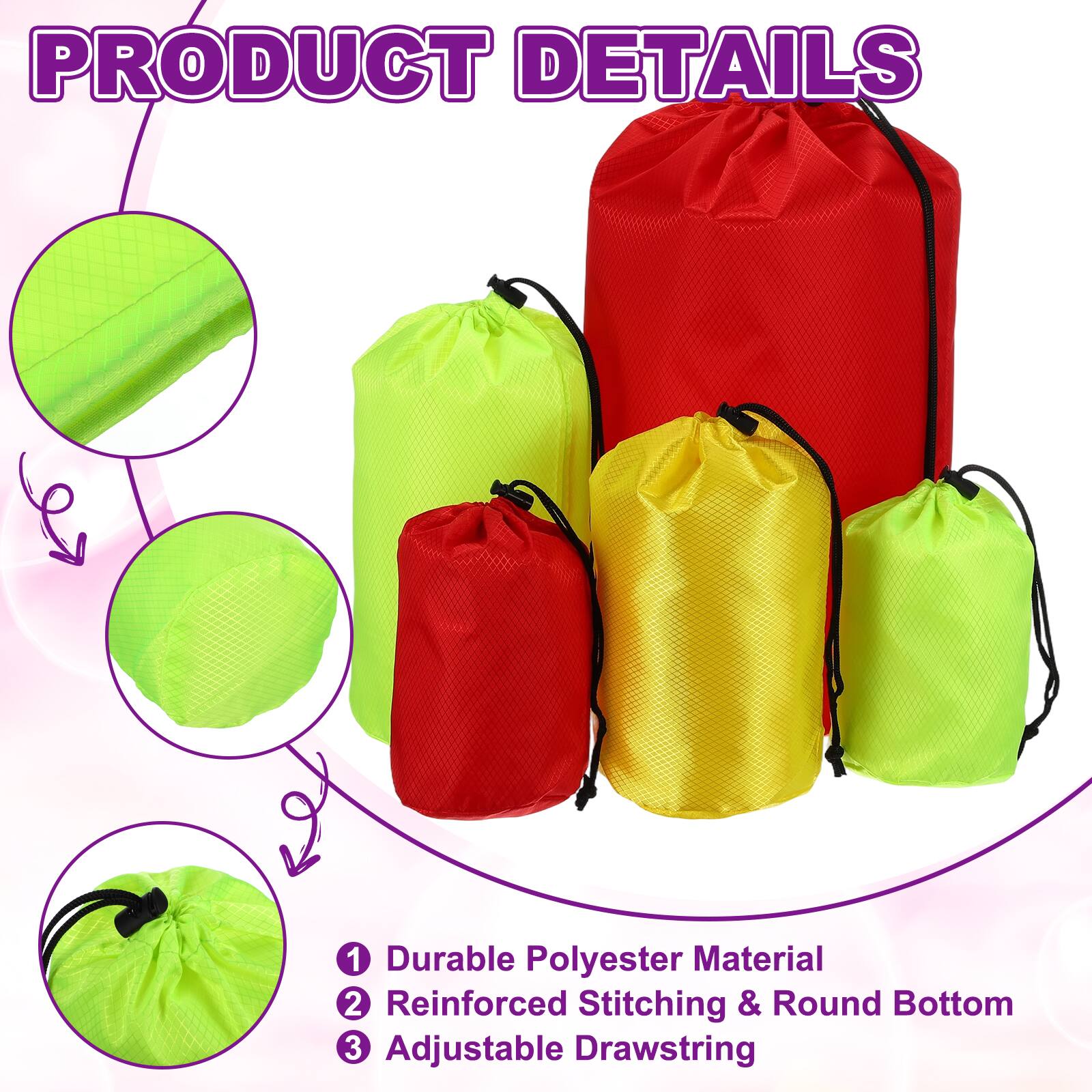 PRODUCT DETAILS

1. Durable Polyester Material
2. Reinforced Stitching & Round Bottom
3. Adjustable Drawstring