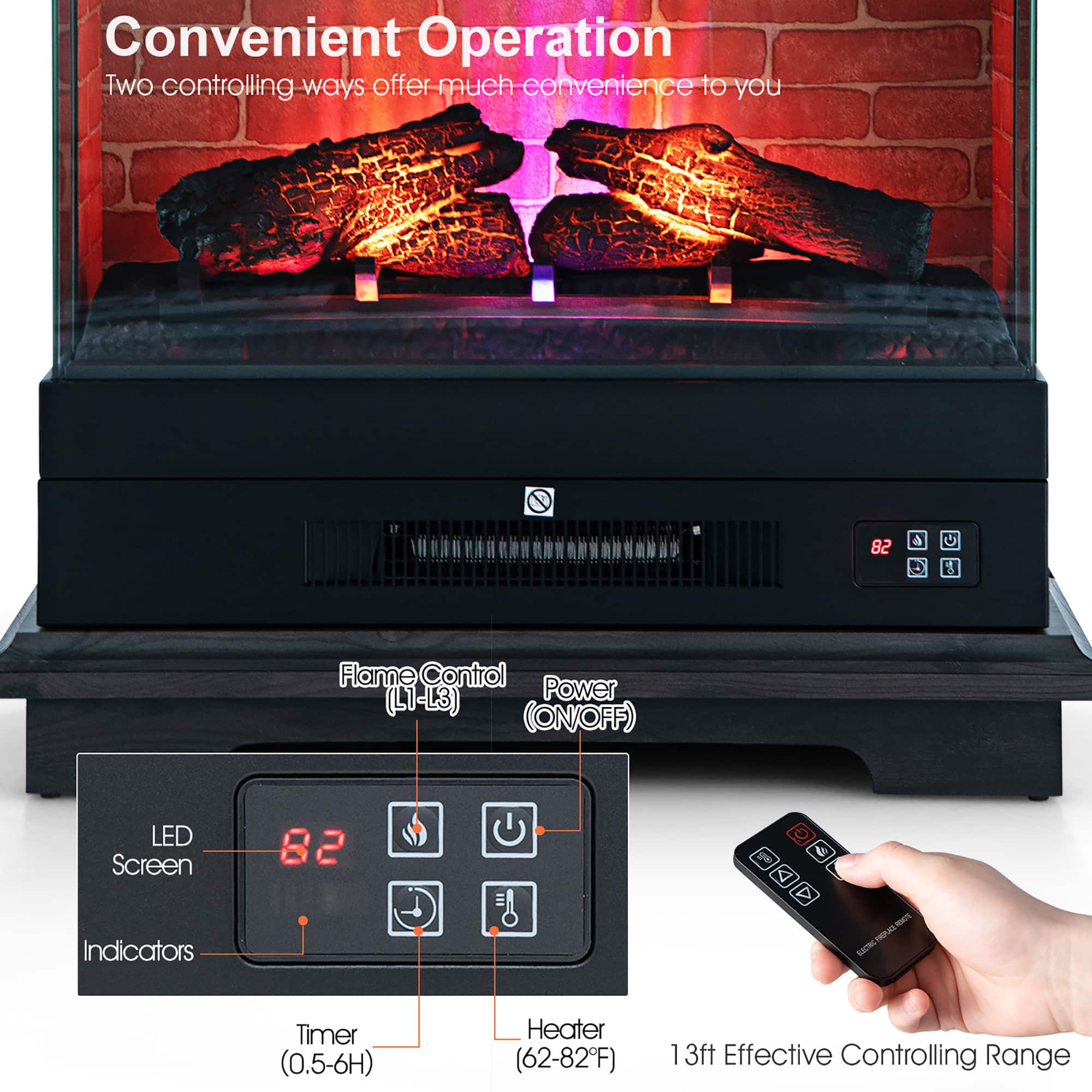 Convenient Operation
Two controlling ways offer much convenience to you
Flame Control (L1-L3)
Power (ON/OFF)
LED Screen Indicators
Timer (0.5-6H)
Heater (62-82°F)
13ft Effective Controlling Range