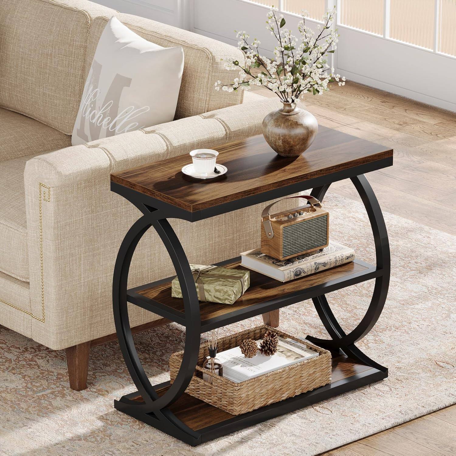 Tribesigns - End Table with Engineered Wood Construction, Metal Frame and Storage Shelves for Living Room and Hallway - Brown