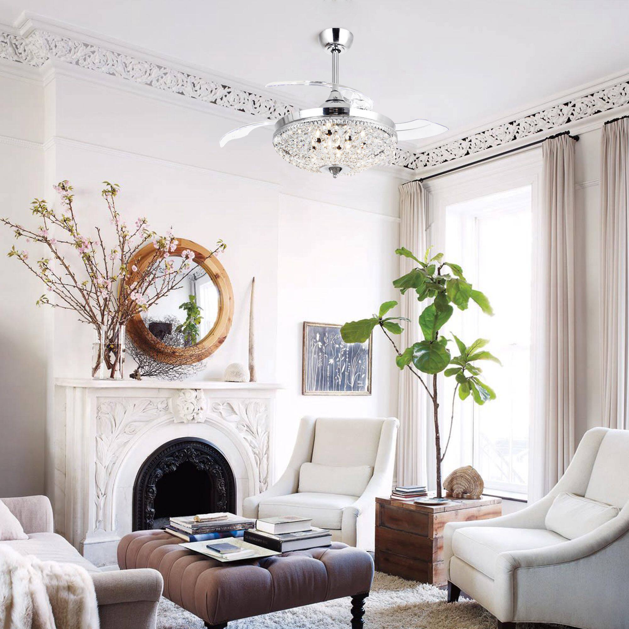 Left. Parrot Uncle - 42" Modern Chrome 6-light Chandelier Crystal Ceiling Fan with Remote - Chrome.