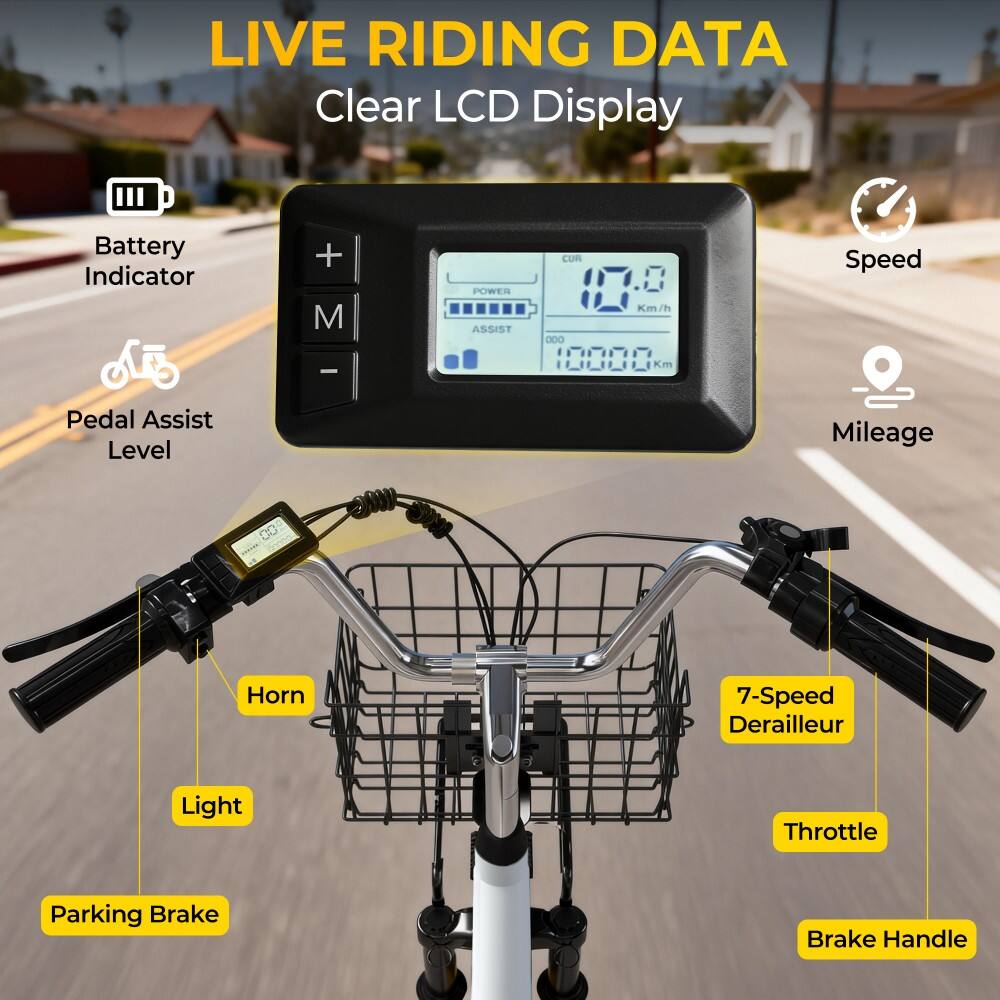 LIVE RIDING DATA  
Clear LCD Display  
Battery Indicator  
Pedal Assist Level  
Speed  
Mileage  

- CUR 10.0 Km/h  
- ODO 10000 Km  
- ASSIST Level  

Horn  
Light  
Parking Brake  
7-Speed Derailleur  
Throttle  
Brake Handle