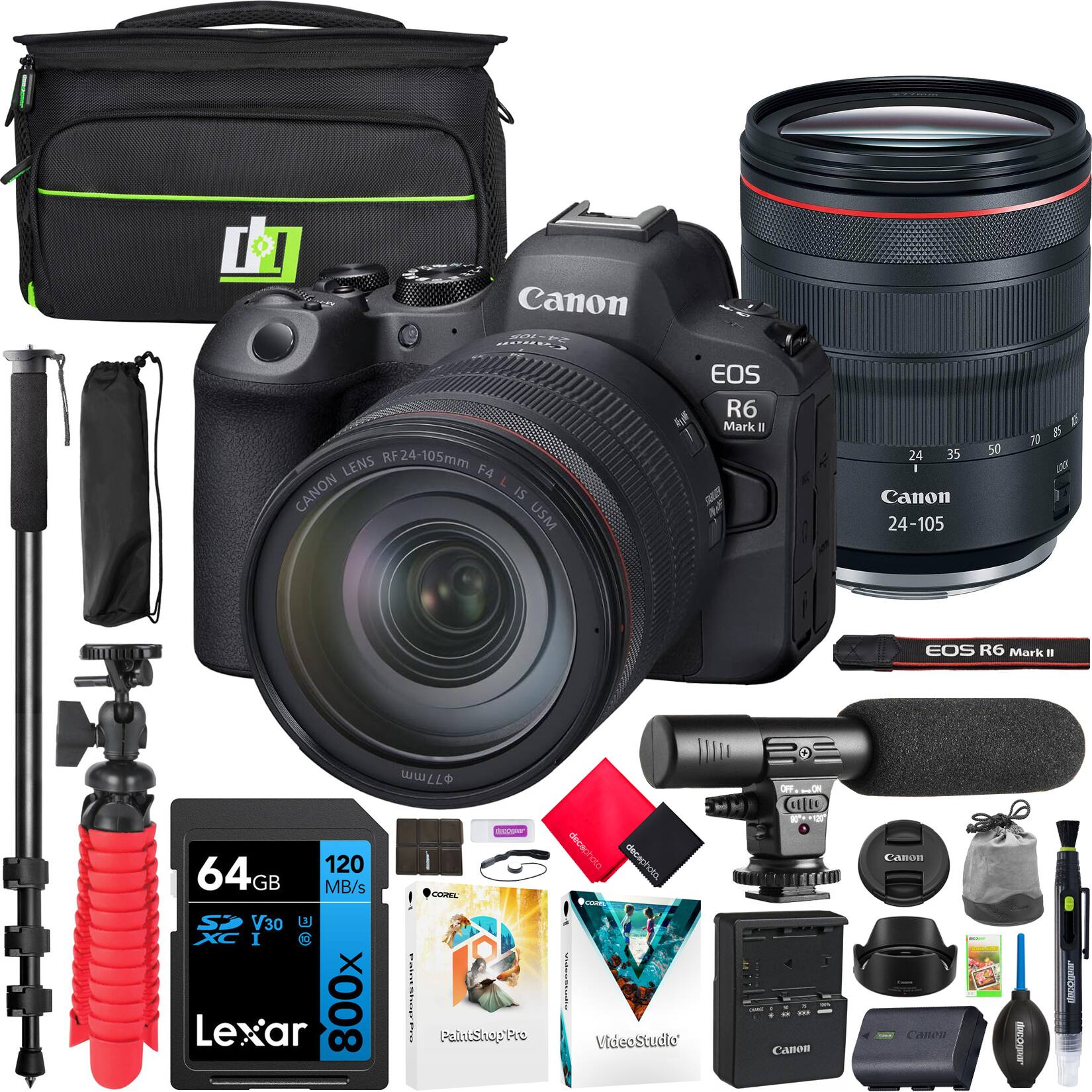 Canon RF 24-105mm F4 L IS USM Lens  
Canon EOS R6 Mark II  
64GB Lexar 800x SDXC UHS-II V30 Memory Card  
77mm Filter  
Canon Camera Bag  
Canon Lens Hood  
Canon Camera Strap  
Canon Camera Cleaning Kit  
Canon Camera Tripod  
Canon Camera Flash  
Canon Camera Remote  
Canon Camera Battery Charger  
Canon Camera Battery  
Corel PaintShop Pro  
VideoStudio Pro