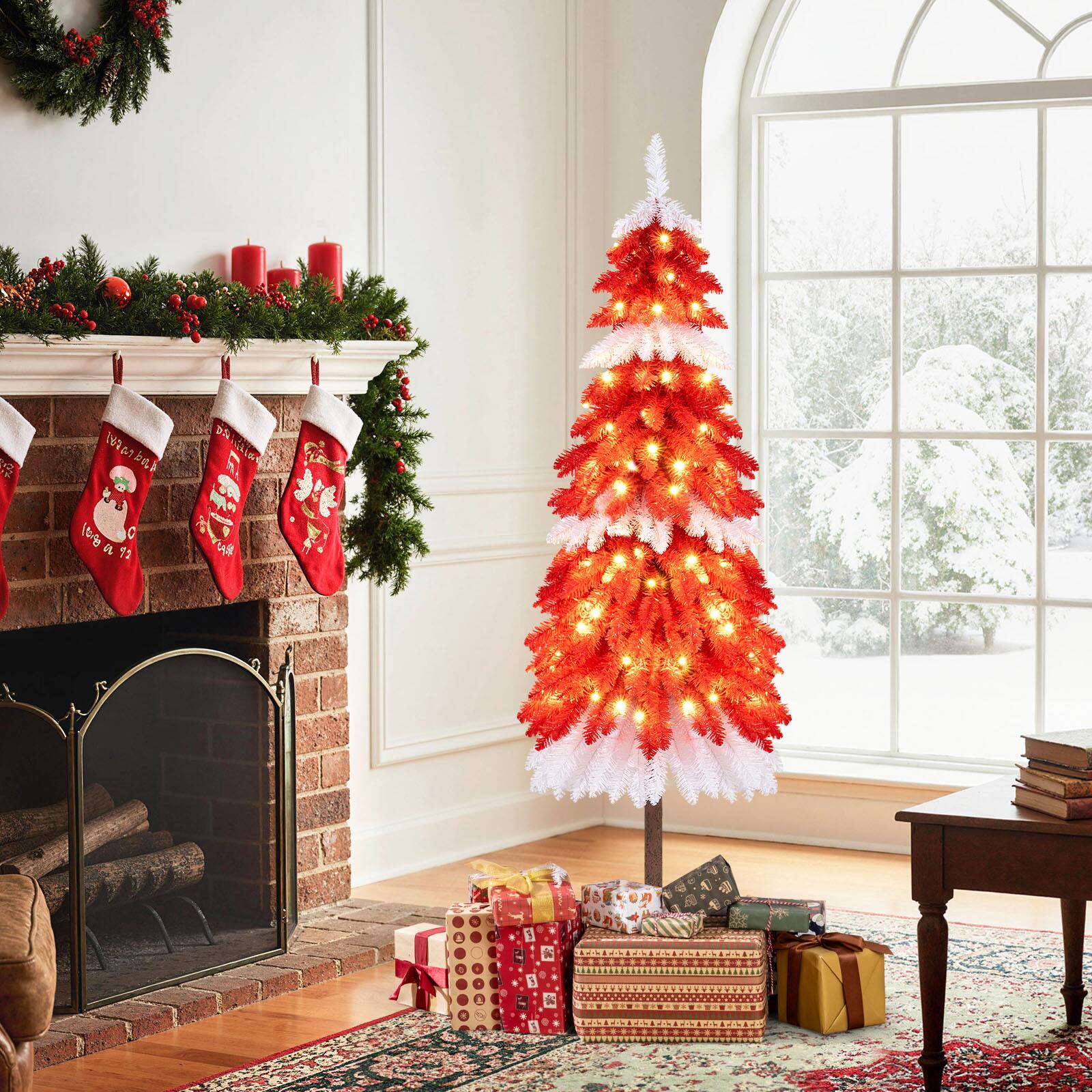 Alt View 1. Gymax - Gymax 5 FT Artificial Christmas Tree Pre-lit Xmas Trees w/ 301 Red & White Branch Tips Red & White & Brown - Red.