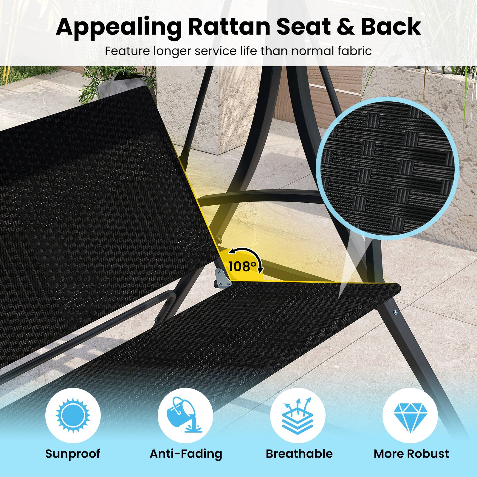 Alt View 7. Gymax - Gymax 3-Person Porch Swing w/ Stand w/ Rattan Seat Back Metal Frame Adjustable Shade - Black.