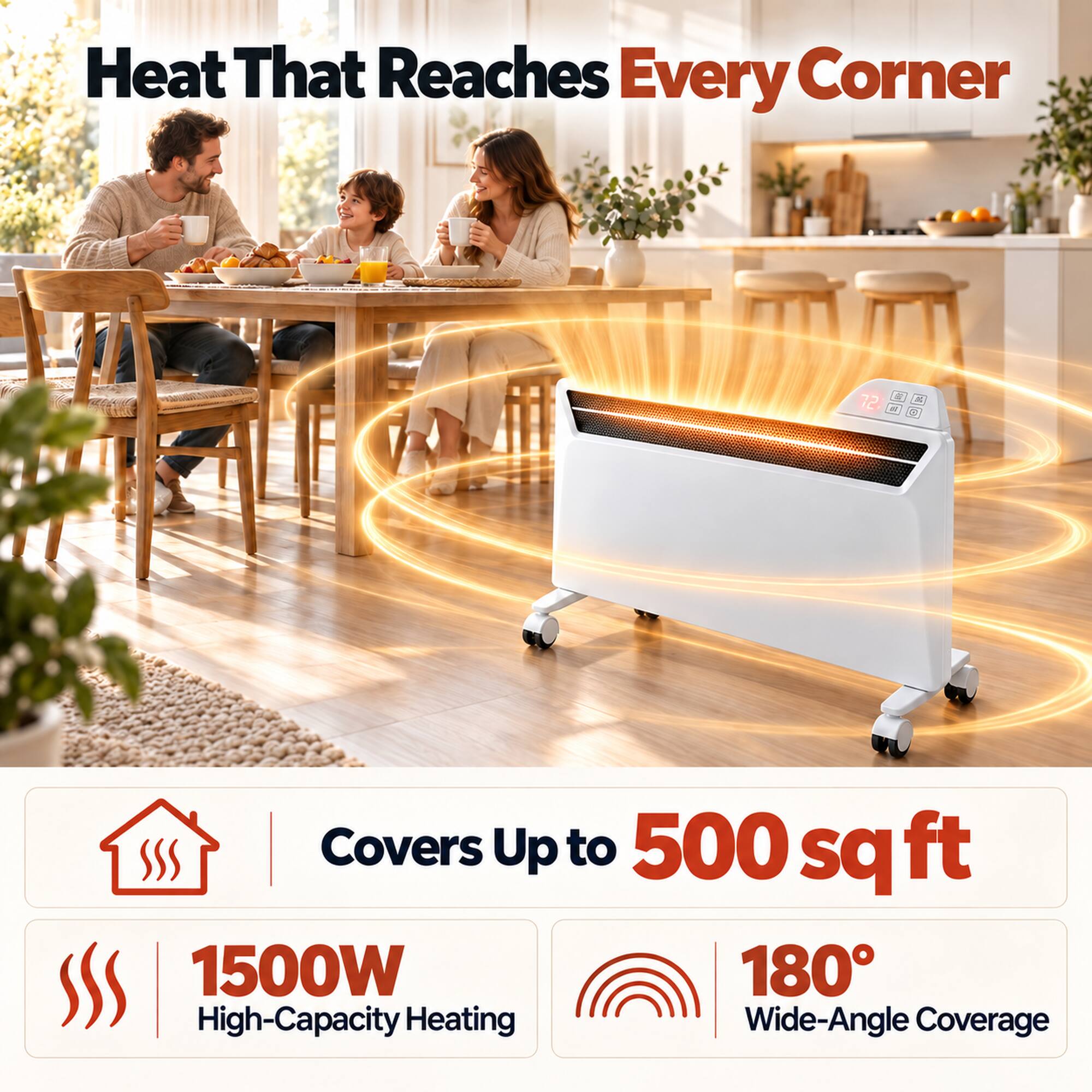 Heat That Reaches Every Corner

72

Covers Up to 500 sq ft

1500W High-Capacity Heating

180° Wide-Angle Coverage