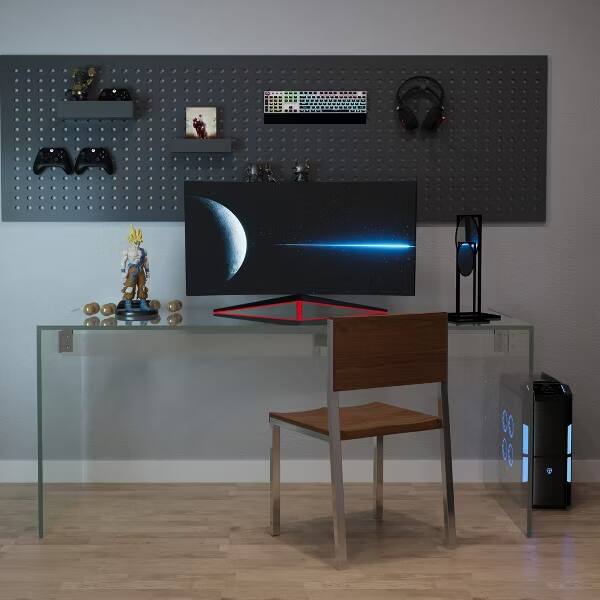 Alt View 1. luck idea - Clear Tempered Glass Computer Desk, Modern Transparent Writing Workstation with Stabilizer Bar for Home Office Gaming - white.