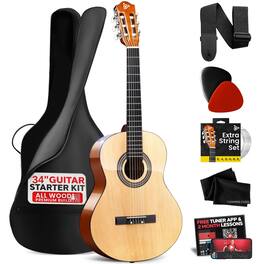 Pyle - Beginner Acoustic Guitar Kit, 1/2 Junior Size All Wood Instrument with Full Accessory Kit, Picks, Shoulder Strap - Natural