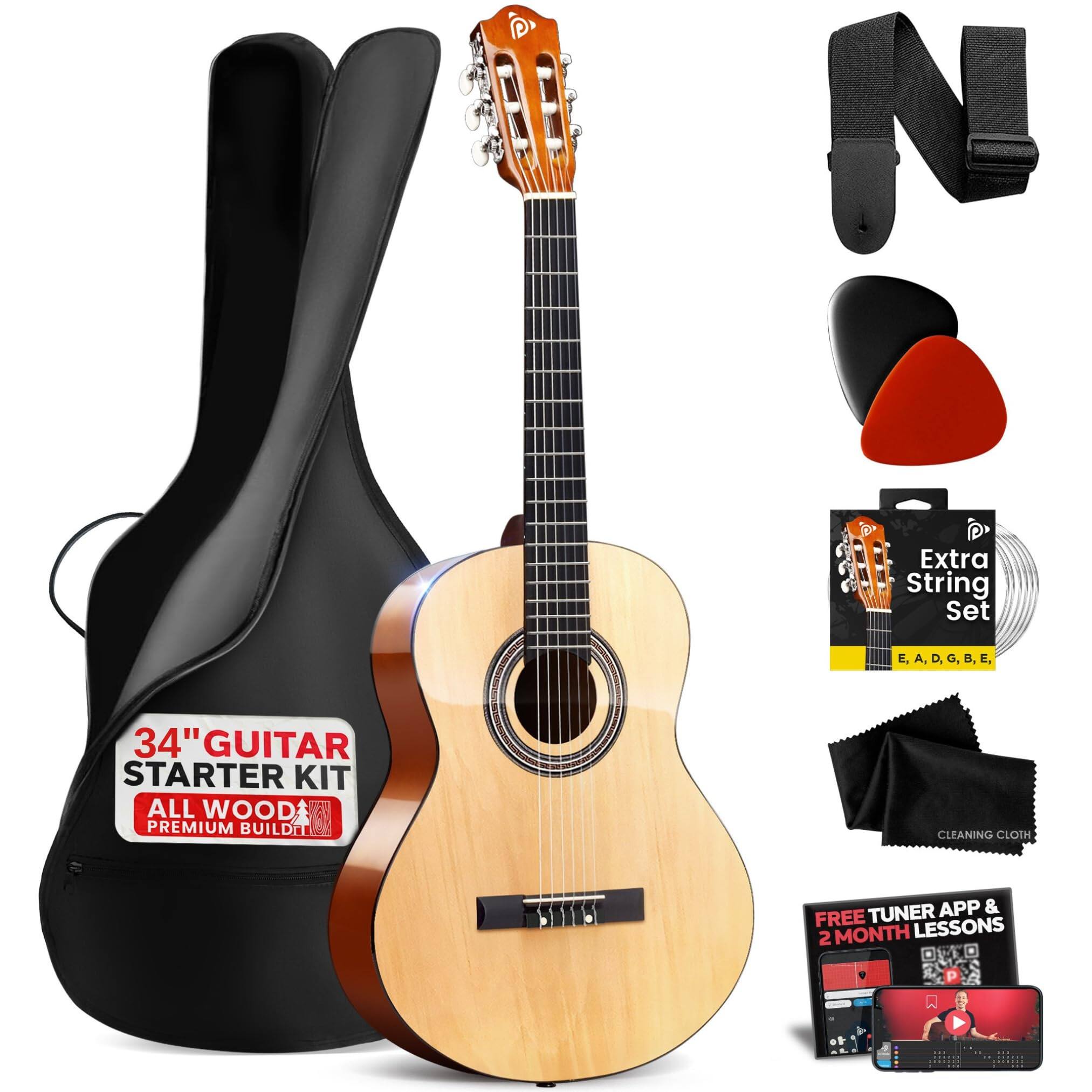 1E NA T Extra String Set E, A, D, G, B, E.  
34" Guitar Starter Kit  
All Wood Premium Build  
Cleaning Cloth  
Tuner App  
8 Free Lessons  
2 Month