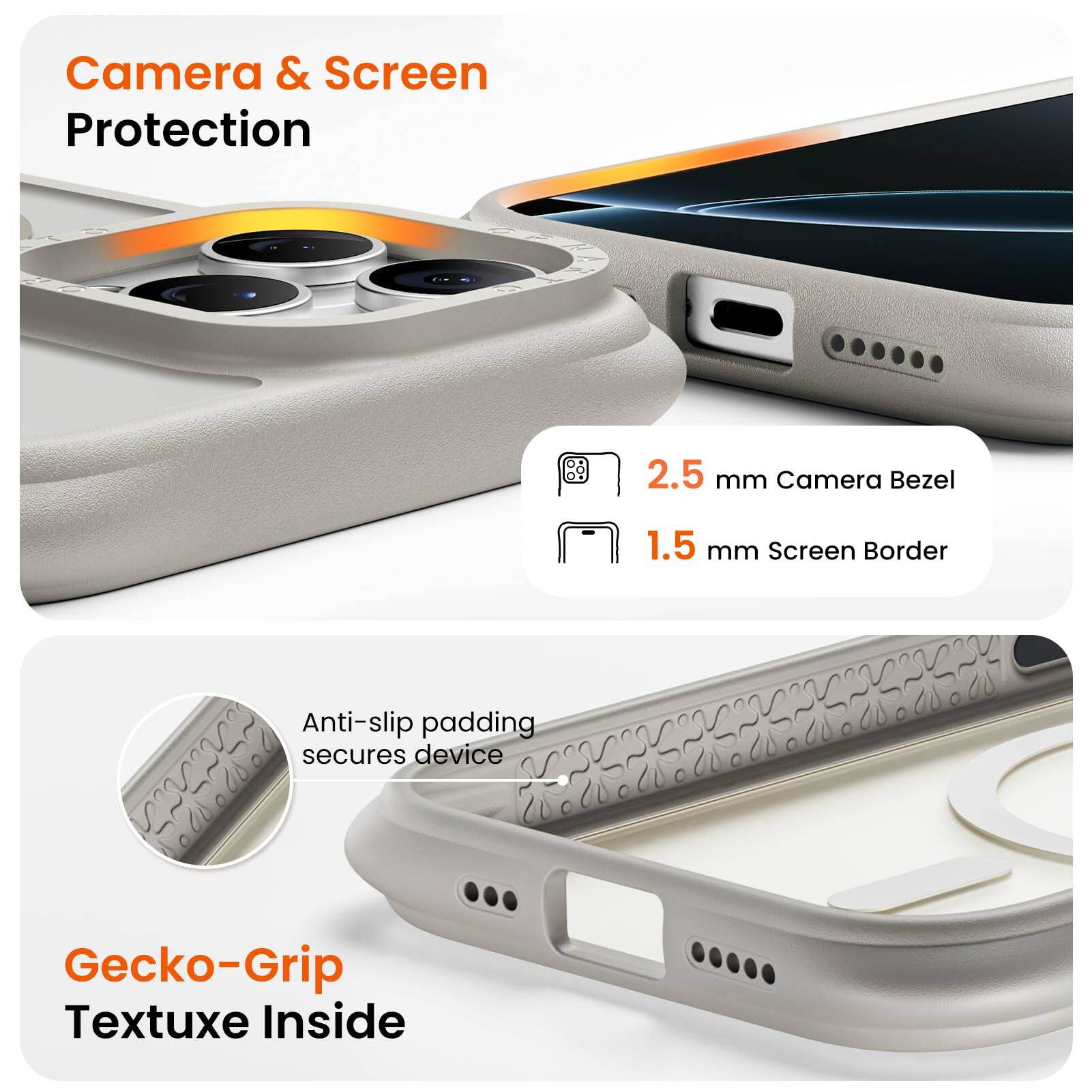Camera & Screen Protection  
2.5 mm Camera Bezel  
1.5 mm Screen Border  
Anti-slip padding secures device  
Gecko-Grip Textuxe Inside
