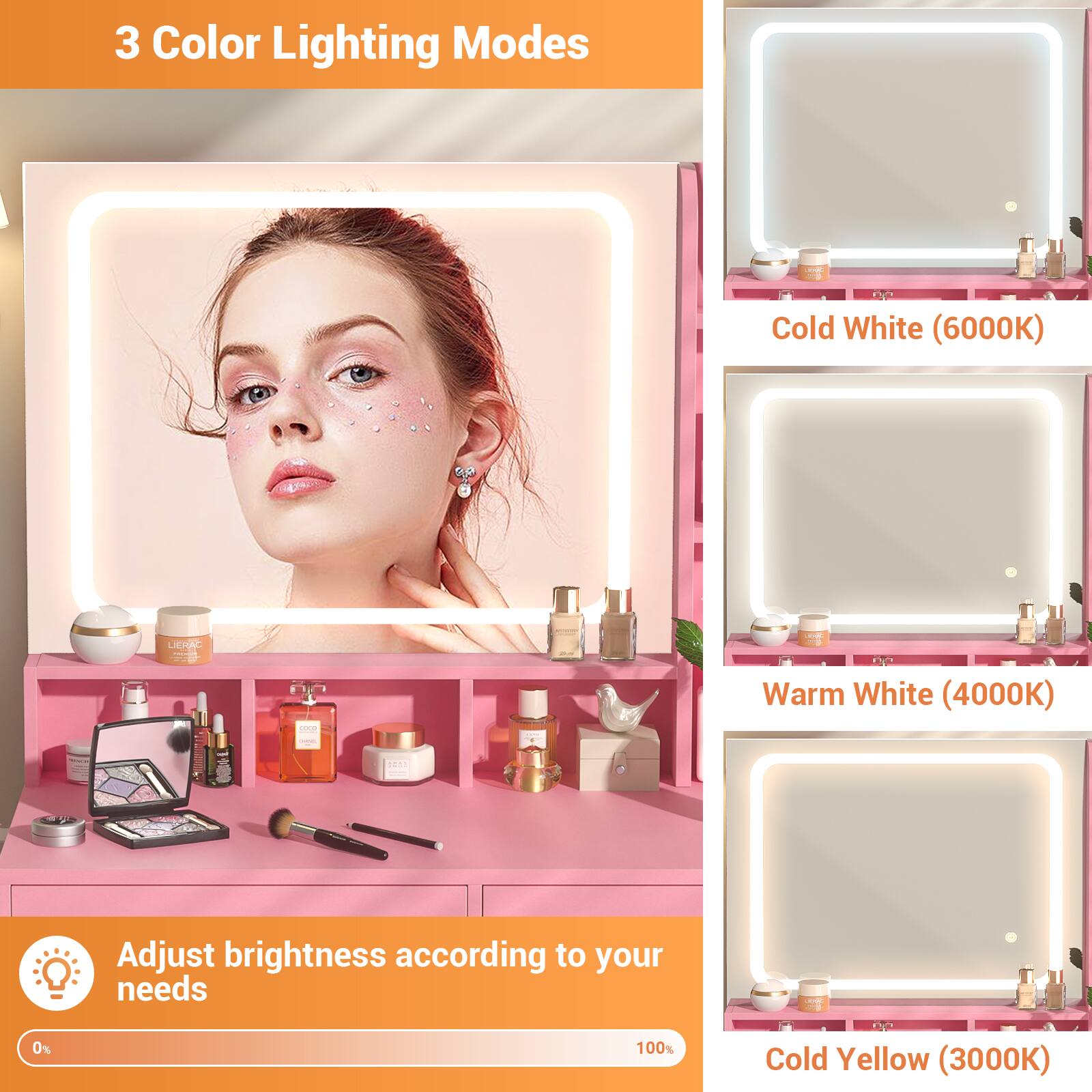 3 Color Lighting Modes  
- FV Cold White (6000K)  
- Warm White (4000K)  
- Cold Yellow (3000K)  

Adjust brightness according to your needs  
0% 100%
