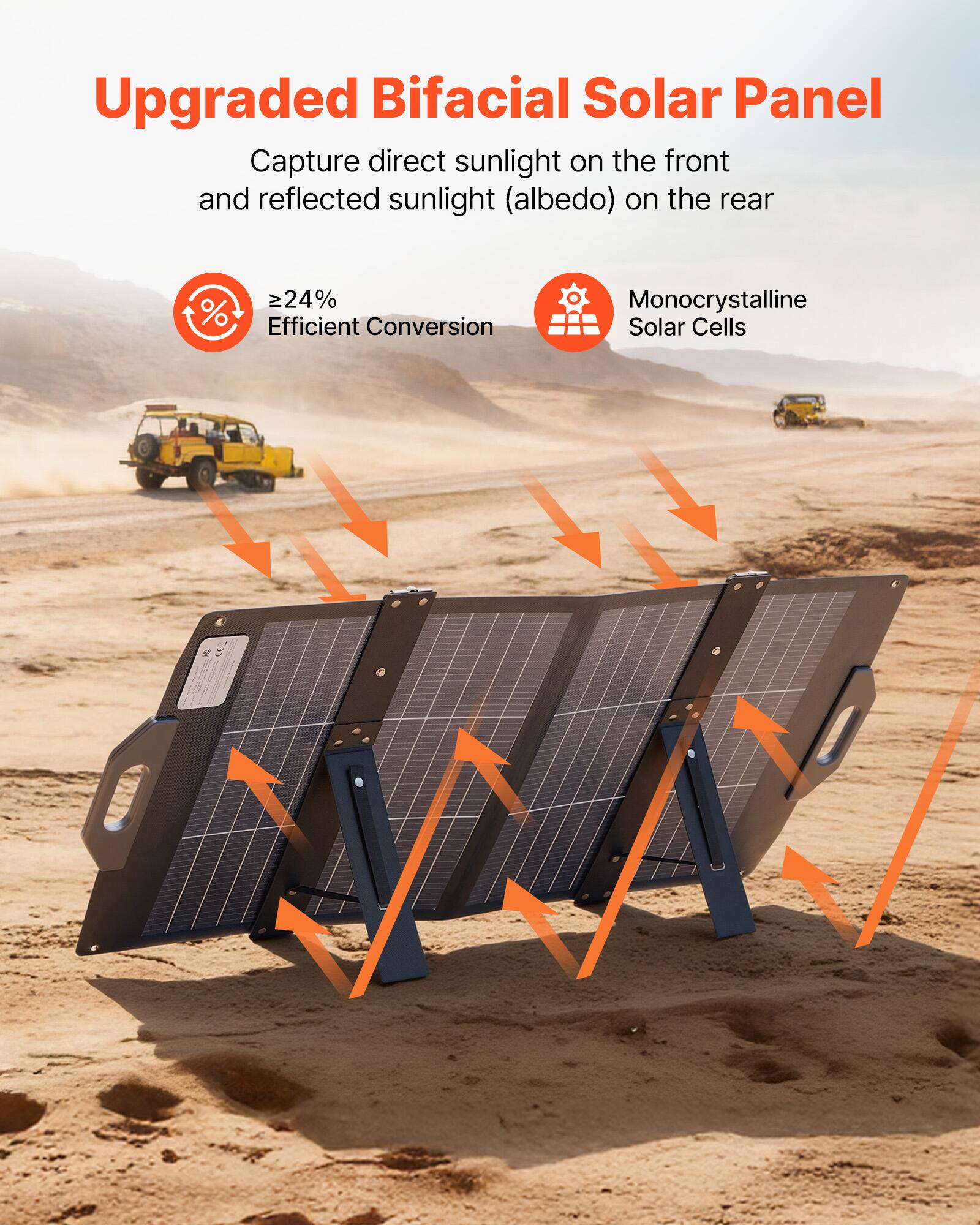 Upgraded Bifacial Solar Panel  
Capture direct sunlight on the front and reflected sunlight (albedo) on the rear  
≥24% Efficient Conversion  
Monocrystalline Solar Cells