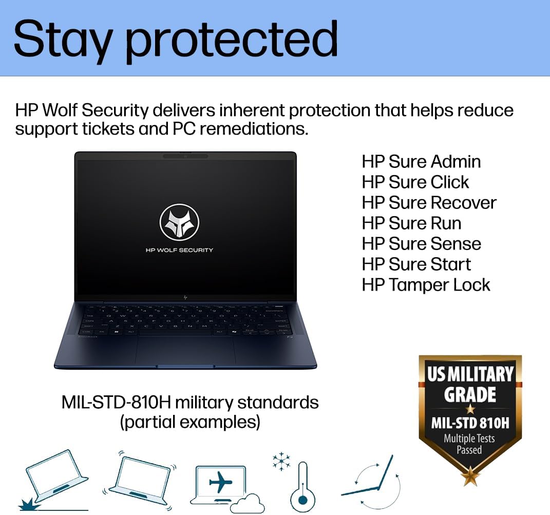 Stay protected

HP Wolf Security delivers inherent protection that helps reduce support tickets and PC remediations.

HP Sure Admin  
HP Sure Click  
HP Sure Recover  
HP Sure Run  
HP Sure Sense  
HP Sure Start  
HP Tamper Lock  

MIL-STD-810H military standards (partial examples)

US MILITARY GRADE  
MIL-STD 810H  
Multiple Tests Passed