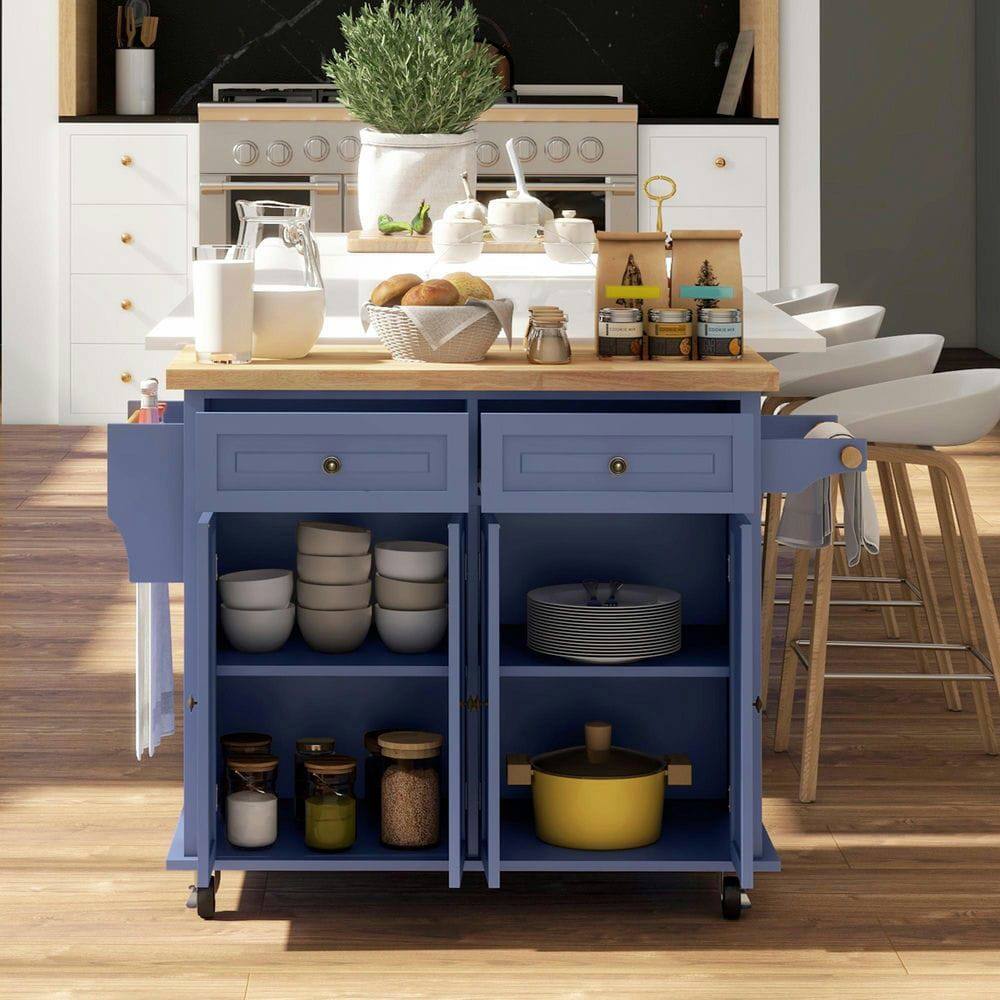 Angle. Kadyn - Rolling Kitchen Island with Rubberwood Top, Spice Rack and Storage Drawers, Navy Blue - Blue.