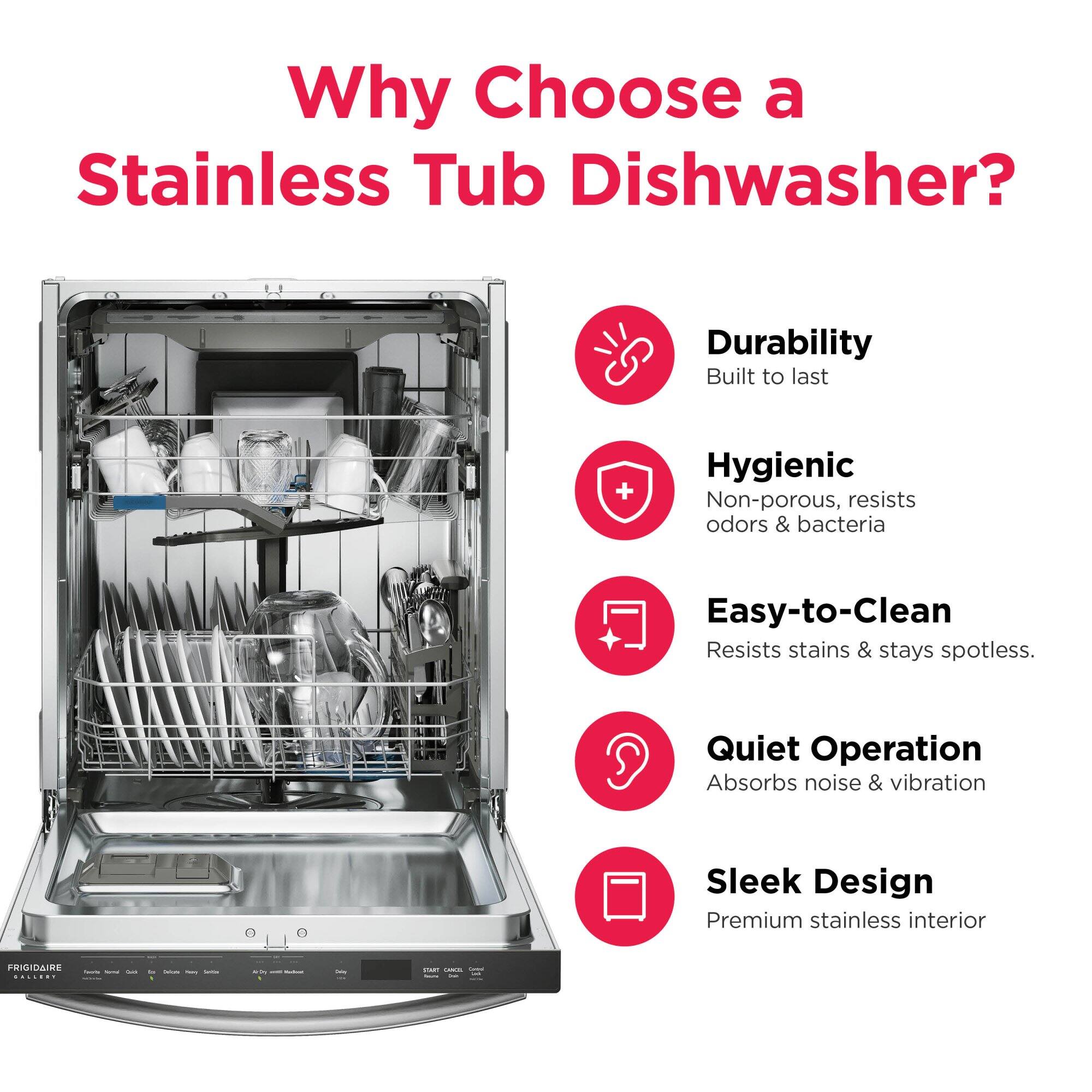 Why Choose a Stainless Tub Dishwasher? Durability Built to last + Hygienic Non-porous, resists odors & bacteria Easy-to-Clean Resists stains & stays spotless. Quiet Operation Absorbs noise & vibration Sleek Design Premium stainless interior