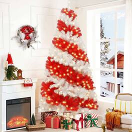 Resenkos - 6ft Pre-Lit Artificial Christmas Tree, Candy Cane Themed with 900 Bendable Branches and 300 LEDs, and White - Red