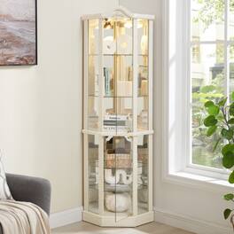 LUCKY ONE - Freestanding Corner Curio Cabinet with Glass Shelves LED Light Bar Cabinet Wine Storage Display Case - White