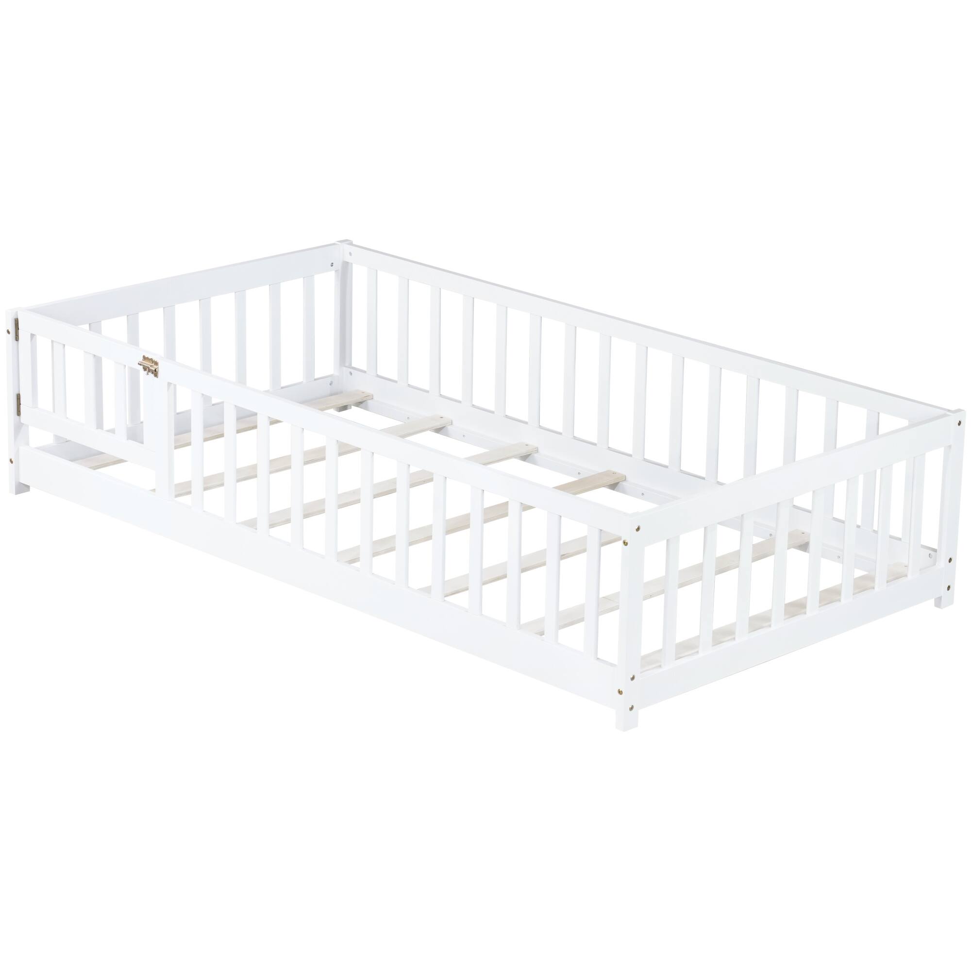 Alt View 10. GOODSILO - Twin Size Low-Profile Children's Floor Bed with Safety Guardrails and Entry Door, Natural Wood Finish - White.
