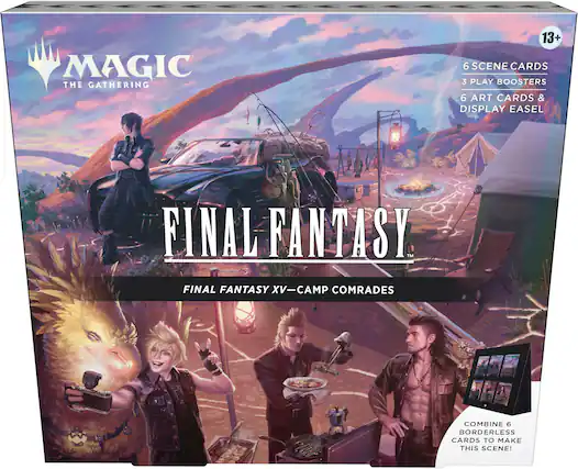 MAGIC THE GATHERING
13+
6 SCENE CARDS
3 PLAY BOOSTERS
6 ART CARDS & DISPLAY EASEL
FINAL FANTASY
FINAL FANTASY XV - CAMP COMRADES
COMBINE 6 BORDERLESS CARDS TO MAKE THIS SCENE!