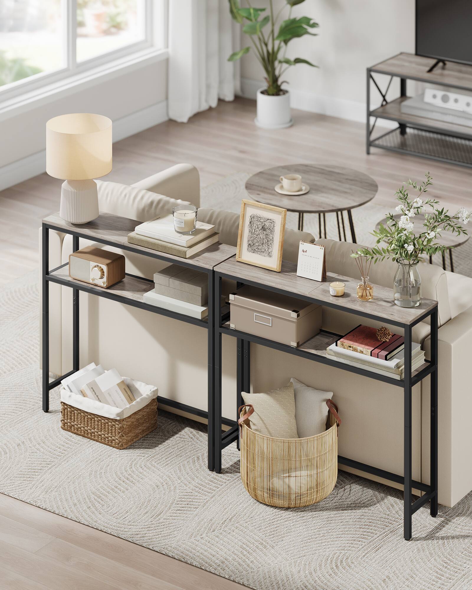 Back. Songmics Home - Console Table, 2-Tier Sofa Table, 7.9 x 31.5 x 31.5 Inches, Narrow Entryway Table, Modern Entry Table with 2 Shelves - Heather Greige and Ink Black.