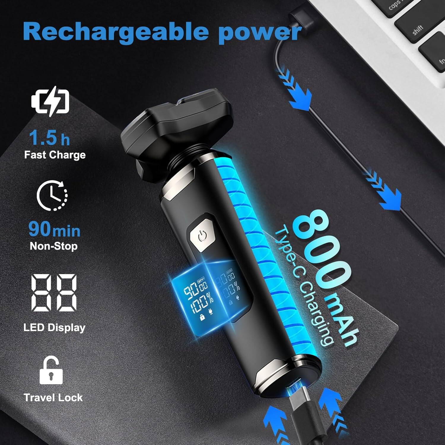 Rechargeable power

1.5h Fast Charge

90min Non-Stop

8800mAh Type-C Charging

LED Display

Travel Lock