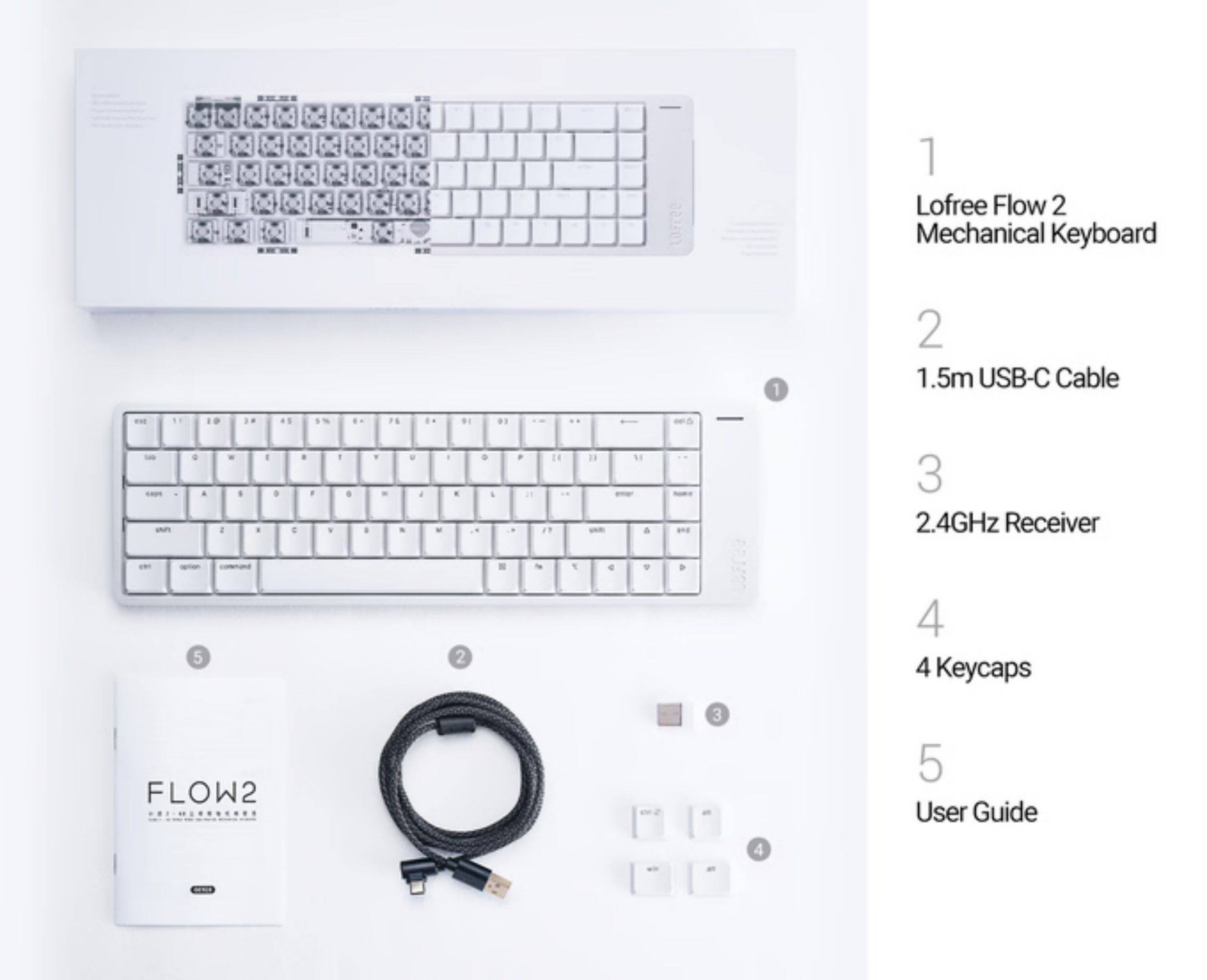 1. Lofree Flow 2 Mechanical Keyboard
2. 1.5m USB-C Cable
3. 2.4GHz Receiver
4. 4 Keycaps
5. User Guide
