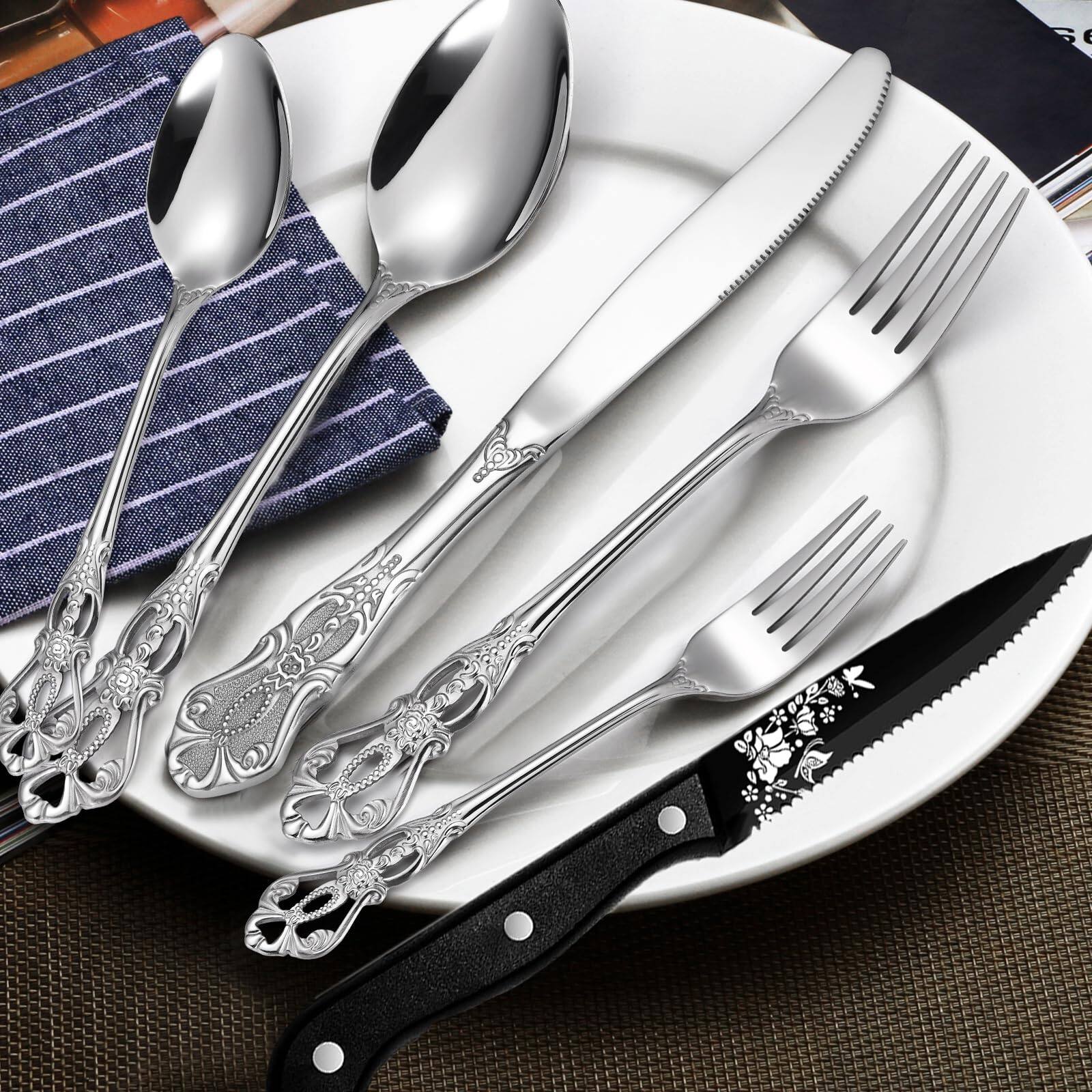 Alt View 1. Dazzed Corner - 48-Piece Silverware Set with Steak Knives, Stainless Steel Cutlery Flatware Set for 8 - Silver.