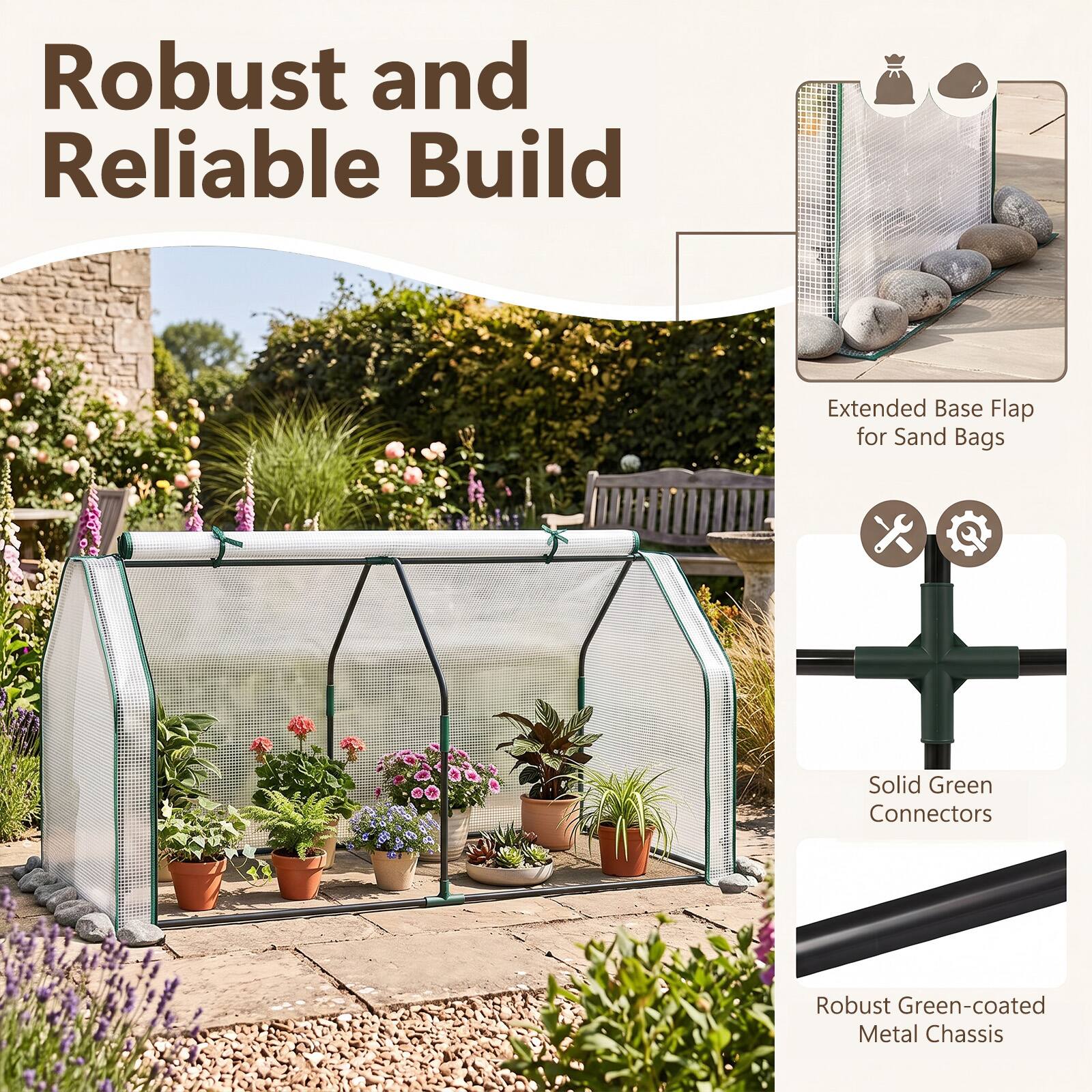 Robust and Reliable Build

Extended Base Flap for Sand Bags

Solid Green Connectors

Robust Green-coated Metal Chassis