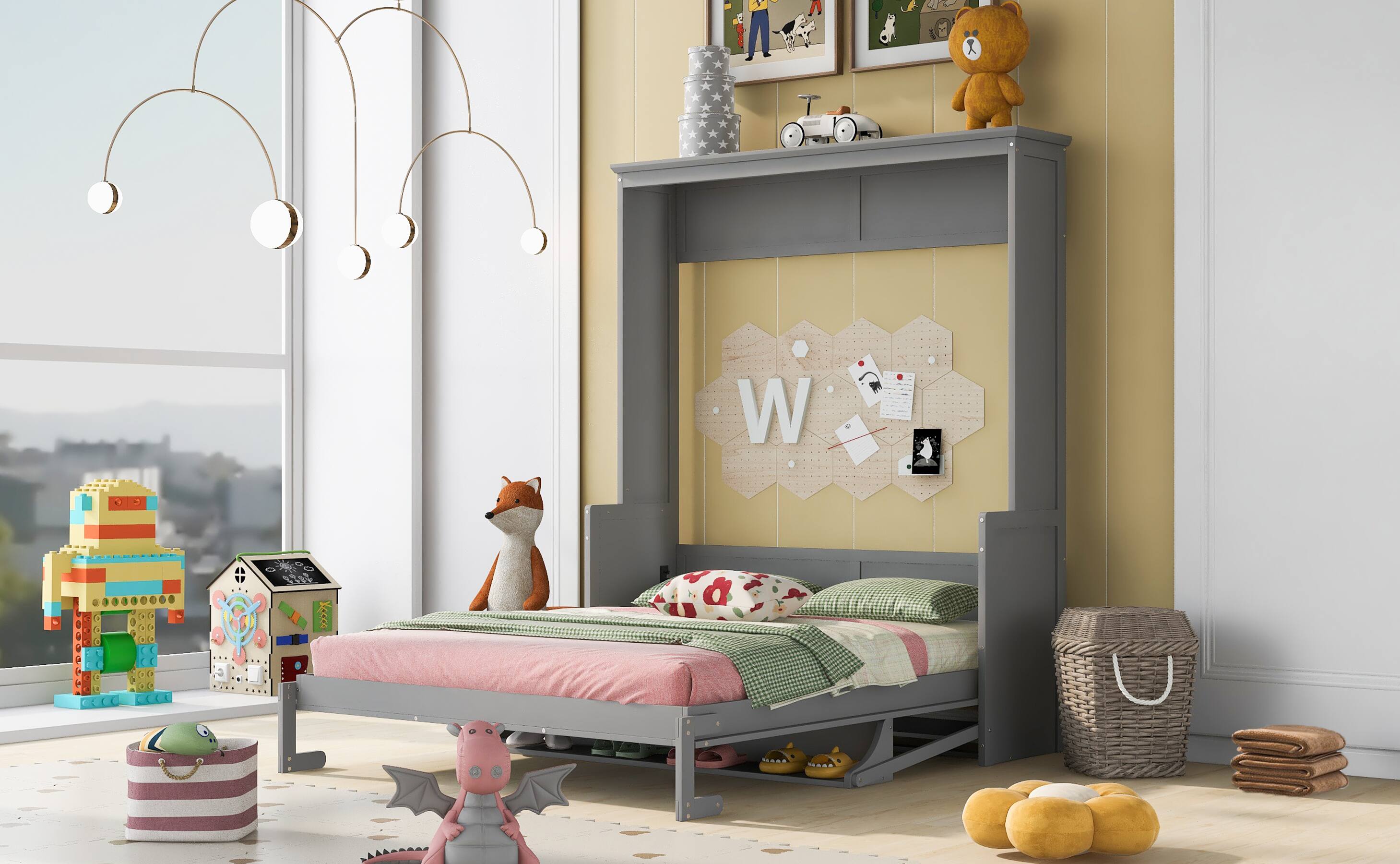 Alt View 1. Tiramisubest - Queen Size Murphy Bed with Shelf, Gray: Solid Wood+MDF, 86x70x87, 192lbs - Gray.