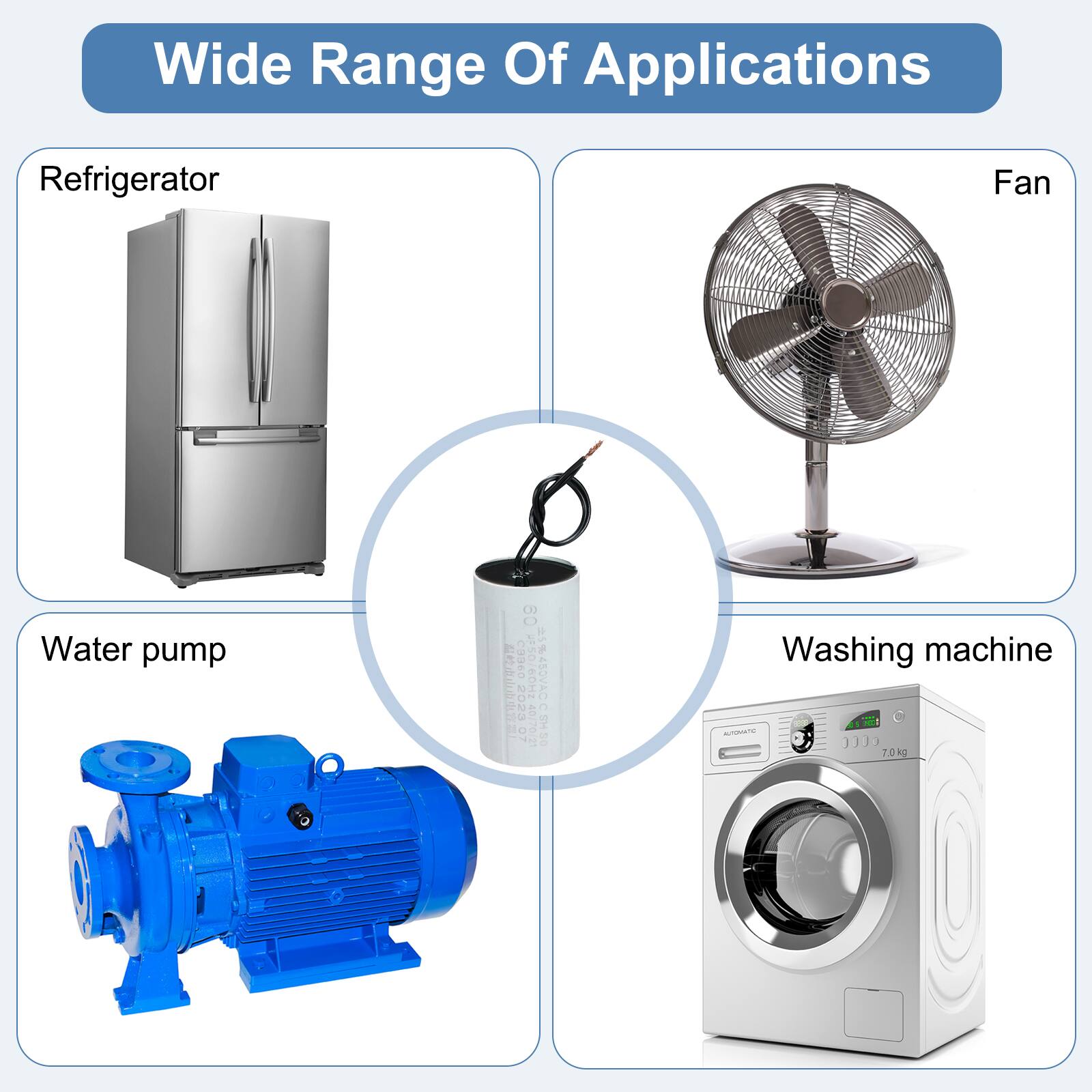 Wide Range Of Applications

- Refrigerator
- Fan
- Water pump
- Washing machine

ODEO ASVAC 1A 2023 150/60H2-40/7012 40/20/21 GEEODAVC926 2H20

7.0 kg