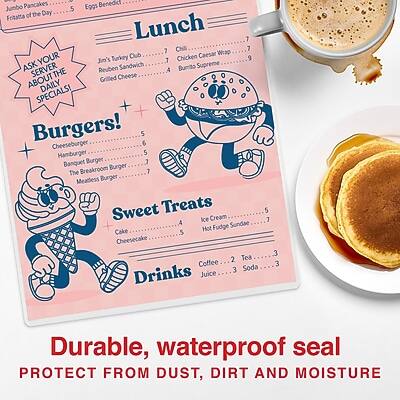 **Jumbo Pancakes**  
**Eggs Benedict**  
**Frittata of the Day**  
**Lunch**  
- Jumbo Turkey Club  
- Caesar Wrap  
- Chicken Caesar Wrap  
- Reuben Sandwich  
- Grilled Cheese  
- Bumito Supreme  

**ASK YOUR SERVER ABOUT DAILY SPECIALS!**  

**Burgers!**  
- Cheeseburger  
- Hamburger  
- Banquet Burger  
- Breakroom Burger  
- Meatless Burger  

**Sweet Treats**  
- Ice Cream Sundae  
- Hot Fudge Sundae  
- Cheesecake  

**Drinks**  
- Coffee  
- Tea  
- Juice  
- Soda  

**Durable, waterproof seal**  
**PROTECT FROM DUST, DIRT AND MOISTURE**