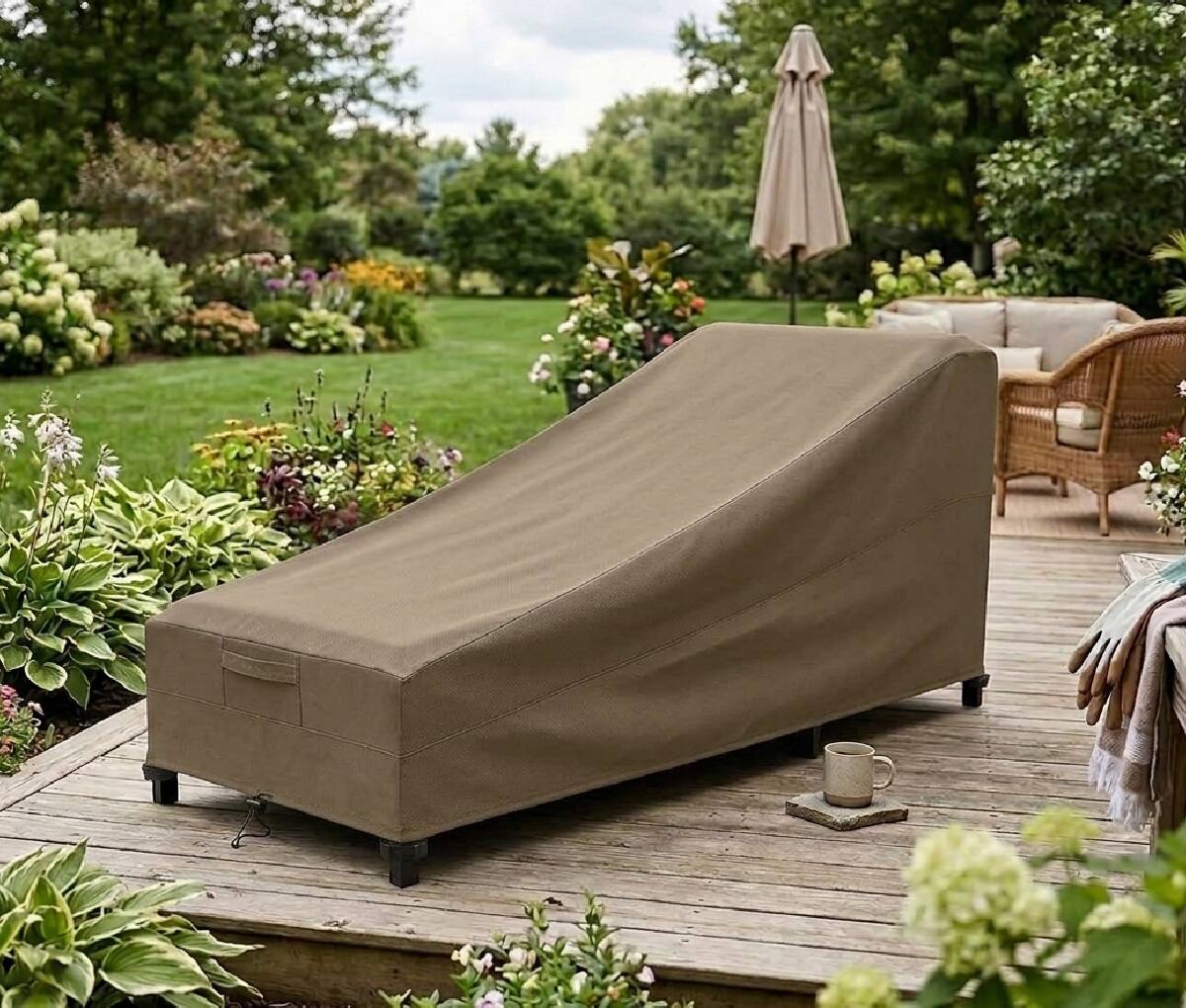 Left. KHOMO GEAR - Heavy-Duty Patio Chaise Lounge Chair Cover, Waterproof Outdoor Furniture Protector, Fade & Weather Resistant - Brown.