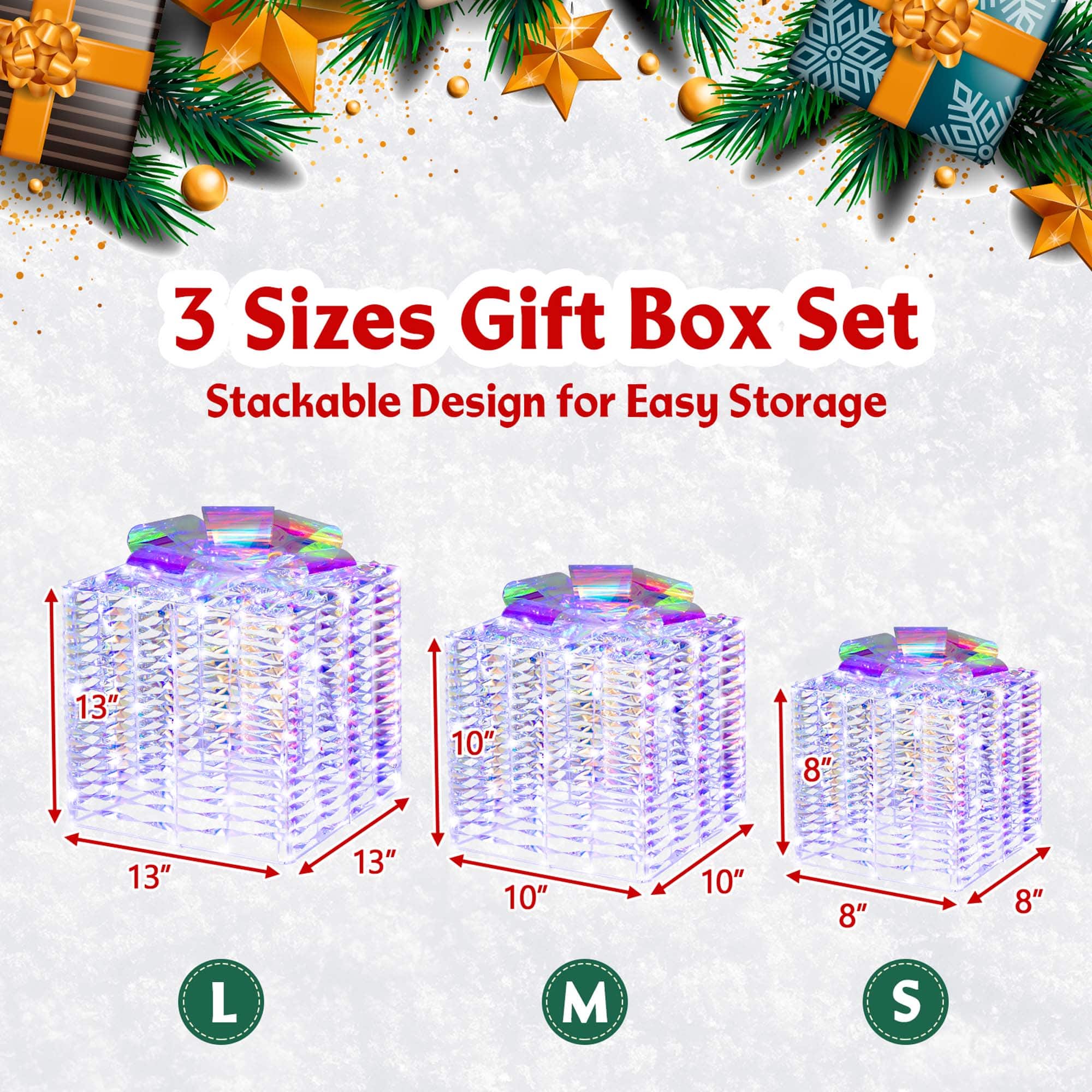 The text on the image reads: "3 Sizes Gift Box Set Stackable Design for Easy Storage 13" 10" 8"".