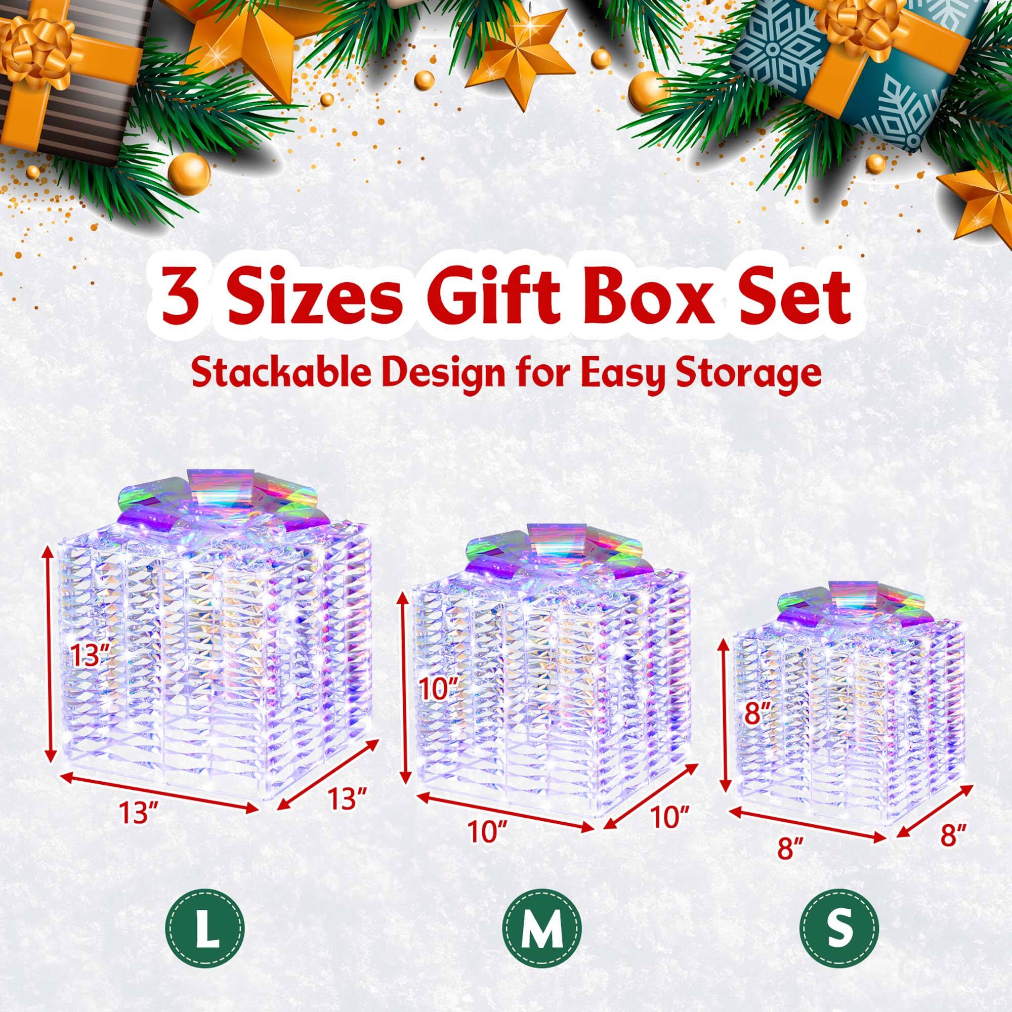 The text on the image reads: "3 Sizes Gift Box Set Stackable Design for Easy Storage 13" 10" 8"".