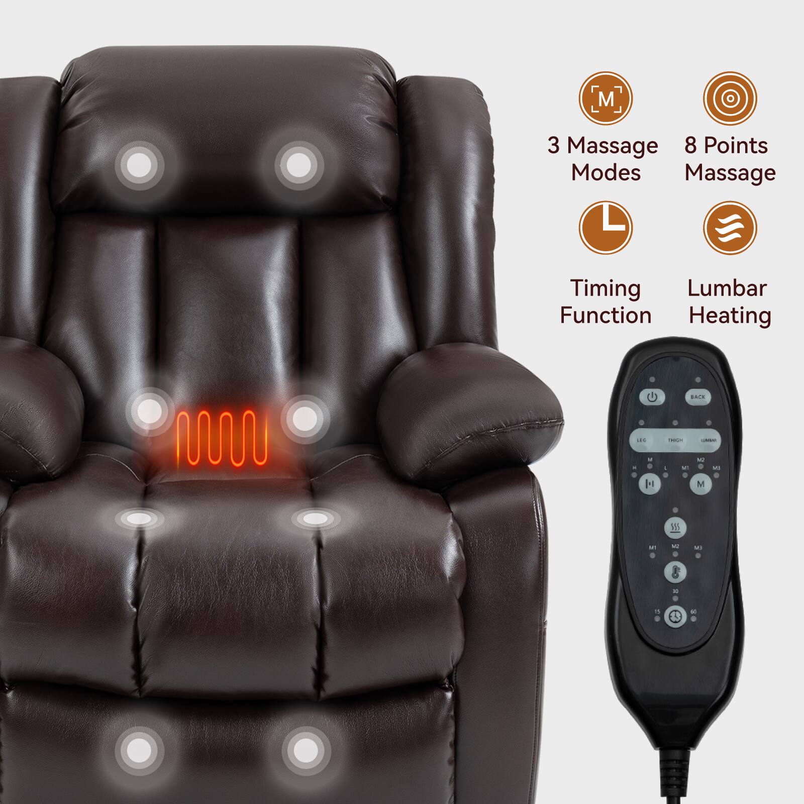 3 Massage Modes  
8 Points Massage  
Timing Function  
Lumbar Heating