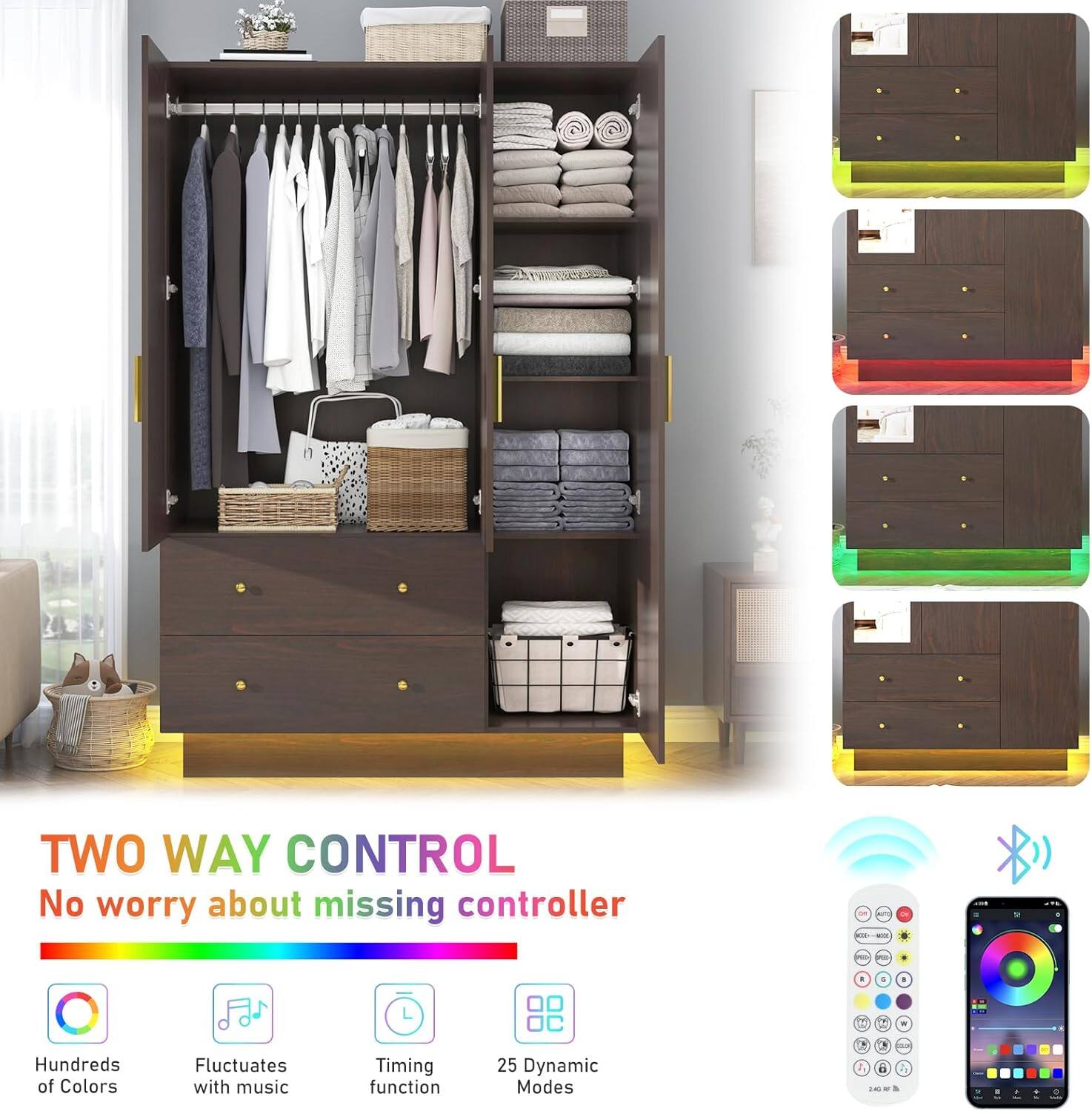 TWO WAY CONTROL  
No worry about missing controller  

Hundreds of Colors  
Fluctuates with music  
Timing function  
25 Dynamic Modes