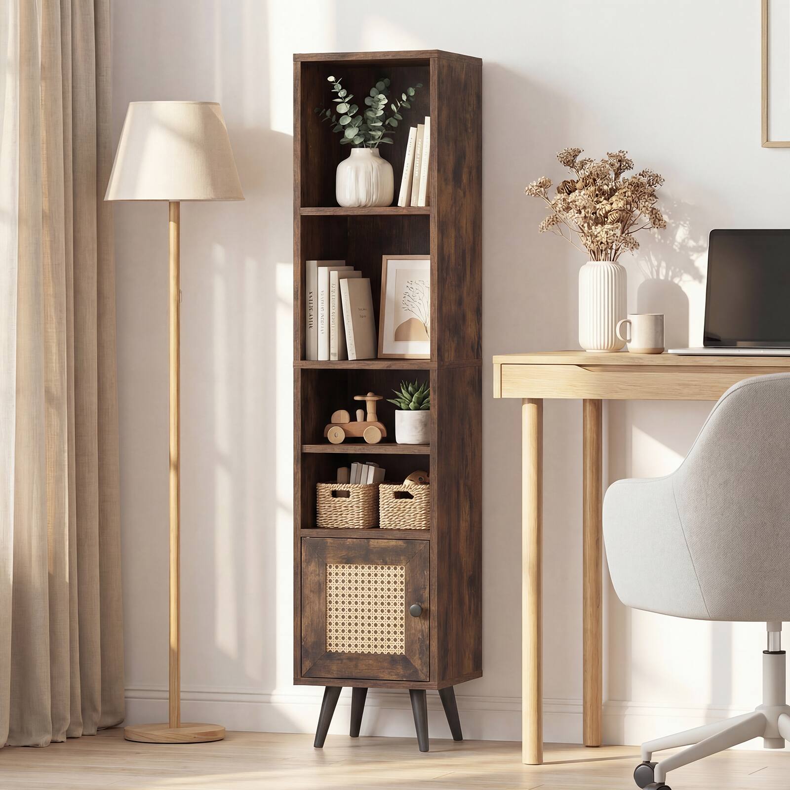 Alt View 1. Gymax - Gymax 6-Tier Tall Narrow Bookcase 54 Inches Slim Storage Cabinet w/ Adjustable Shelf - Brown.